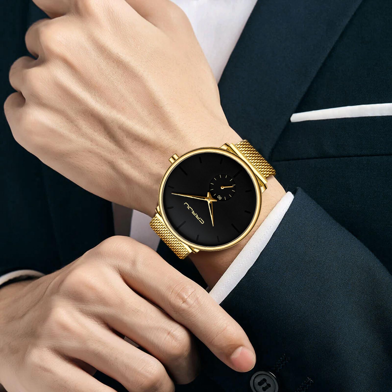 Orologio da polso da uomo, ultra sottile, minimalista, impermeabile, alla moda, unisex, con cinturino in maglia in acciaio inox dorato, nero, Moda