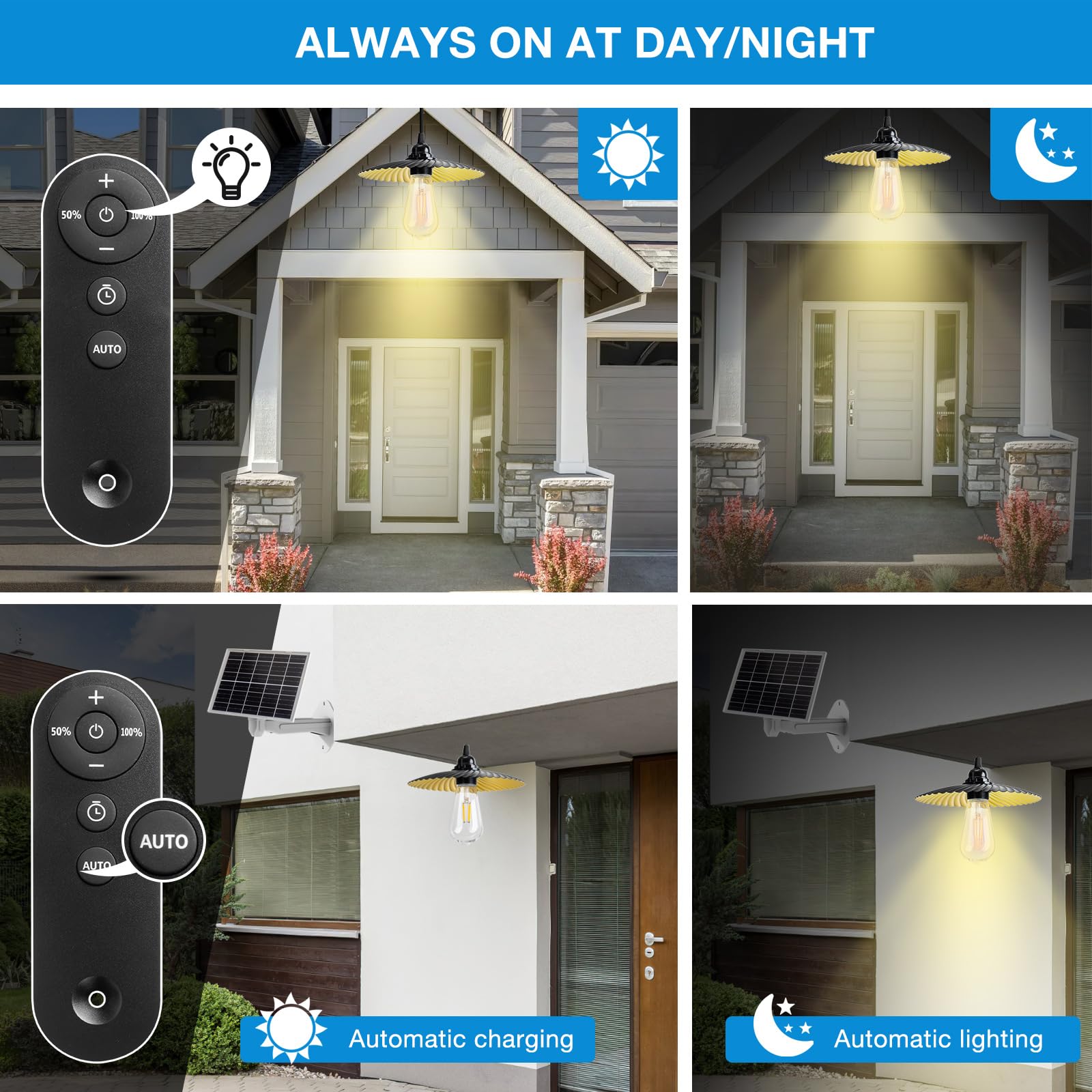 Lampe Solaire Exterieur, Intérieur Eclairage Exterieur Solaire avec Télécommande 10M, Recharge USB 5200mAh Capacité de la Batterie, IP65 étanche, pour Jardin Pergola Chemins Garage (1 Lumière)