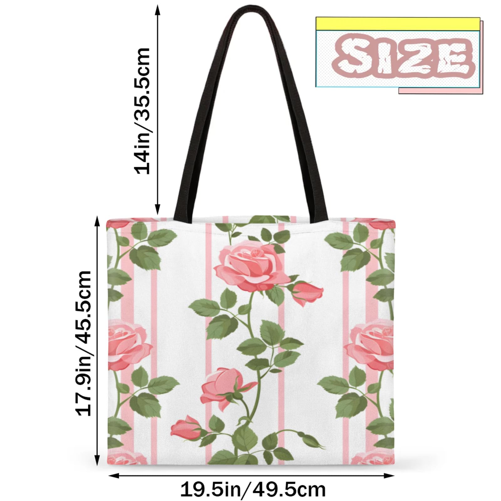 Mularoka Striped Roses Square Canvas Tote Bag Top Handle Purses Stylish Women Canvas Shoulder Tote Bags Reusable Handbags for Work Travel Picnic Beach Shopping Gym Hiking