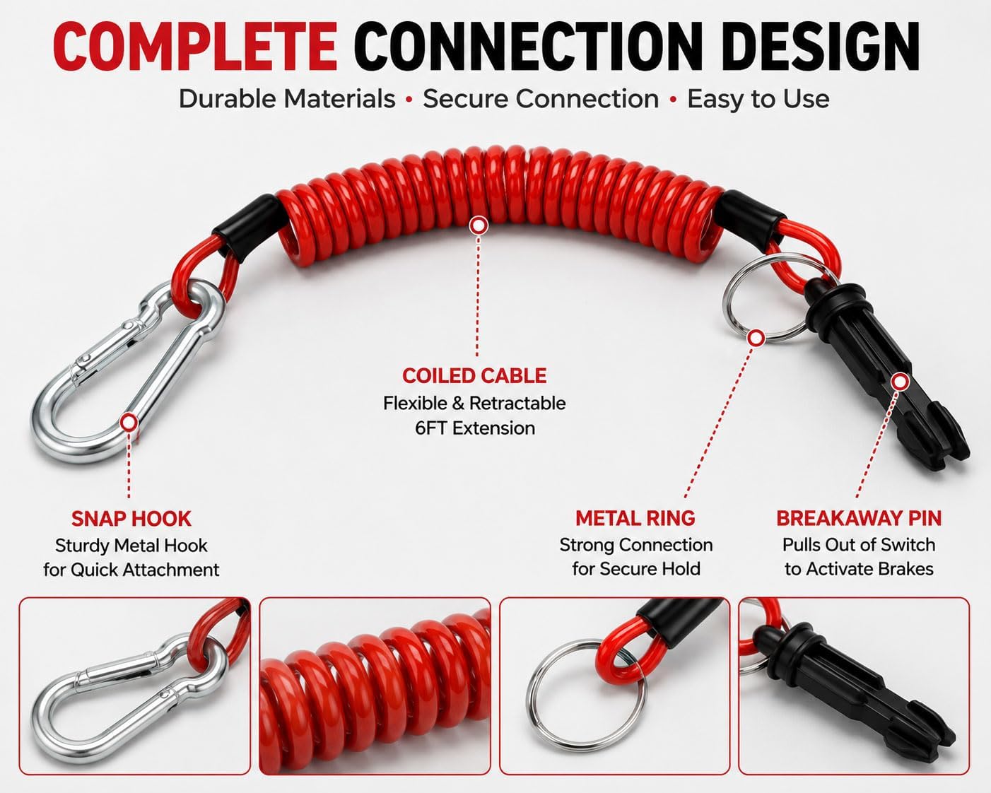 4 Pack 6FT Trailer Breakaway Cable with Pin and Snap Hook, Red Coiled Wire