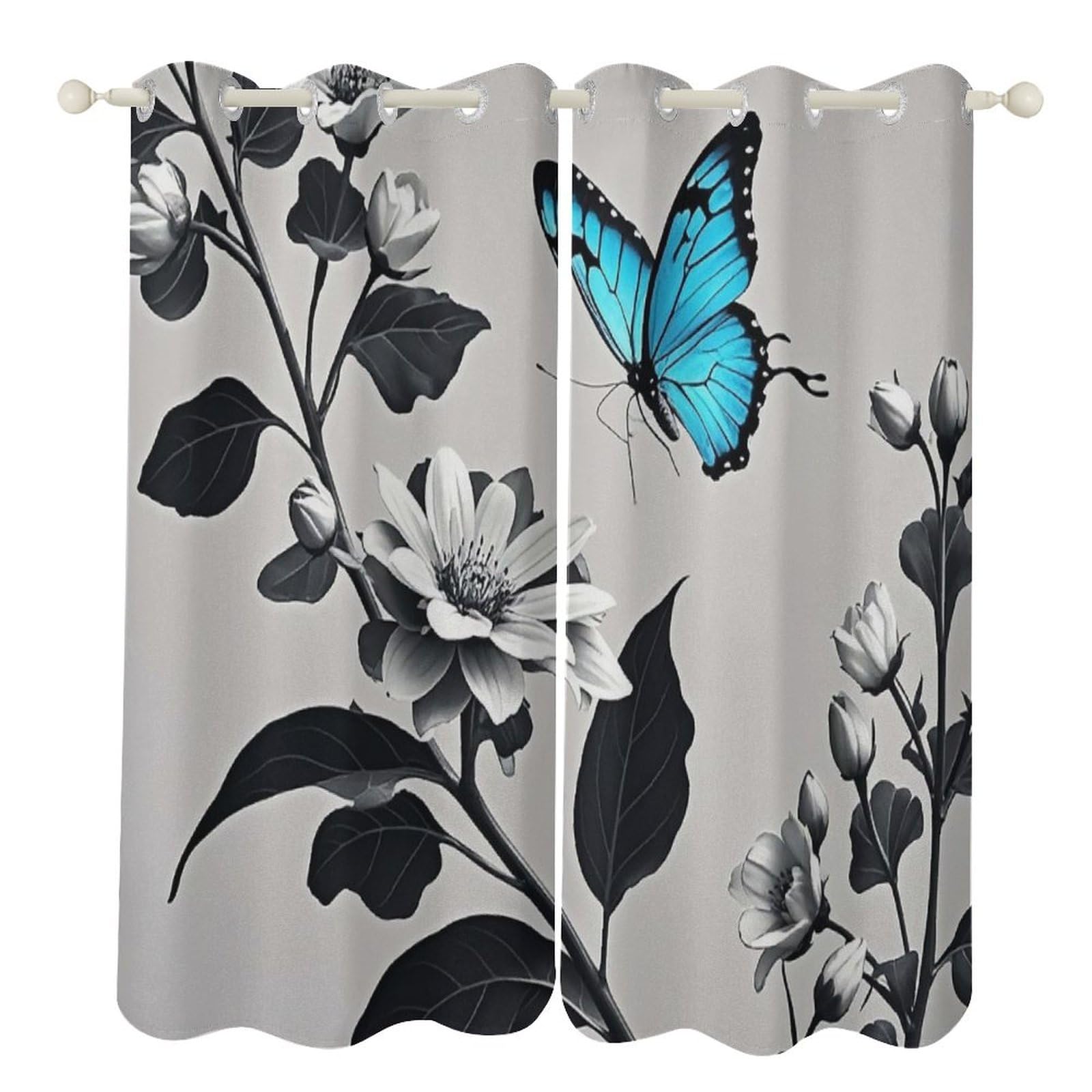Rideaux décoratifs isolants salon cuisine motif papillon bleu