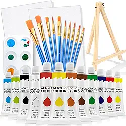 ESRICH Conjunto de 26 peças de tintas acrílicas com tintas acrílicas de 12 cores (12 ml, 11,3 g), 10 pincéis, 2 telas, 1 cavalete de madeira, 1 placa, kits de materiais de pintura para crianças,