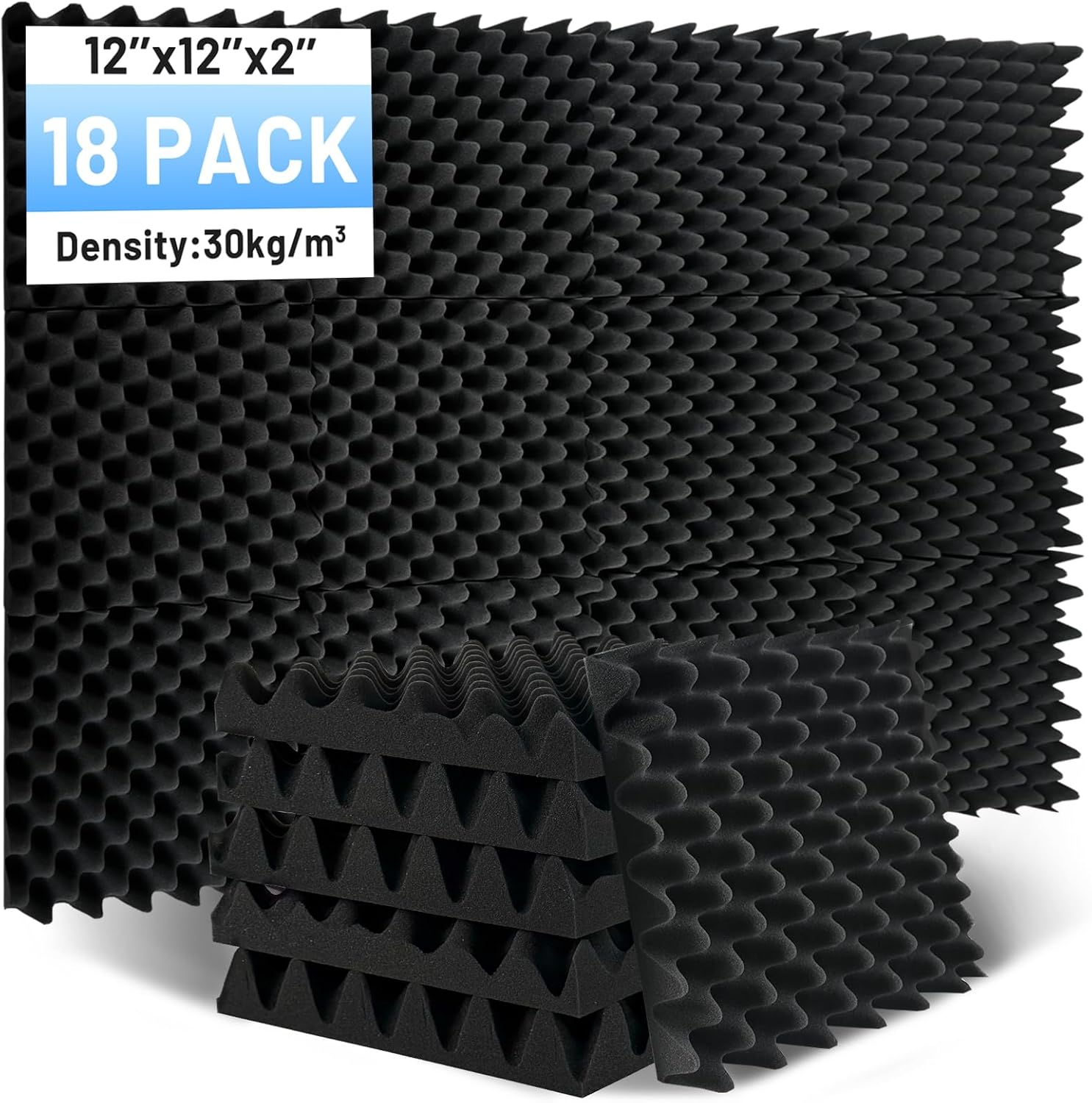 Focusound 18 Pack Acoustic Foam Panels, 2"X12"X12" Egg Crate Sound Proof Foam Panels for Walls, High Density Noise Cancelling Soundproofing Wall Panels