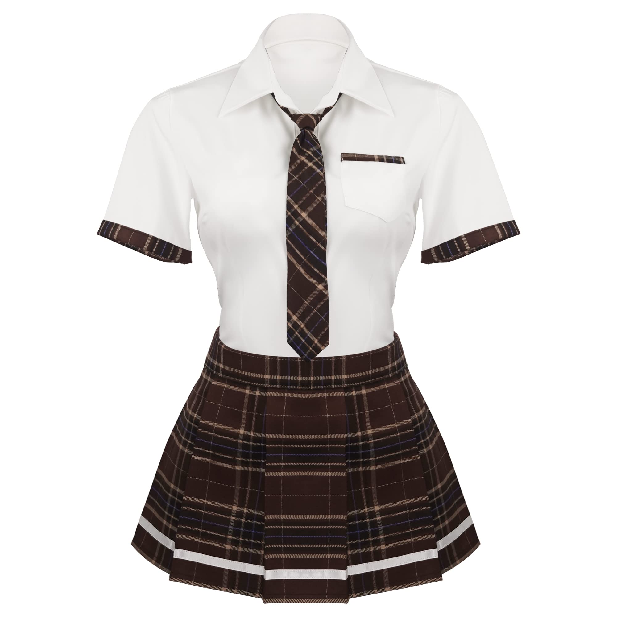 Women Schoolgirl Costumes Lingerie Set Student Roleplay Outfit With Plaid Mini Skirt