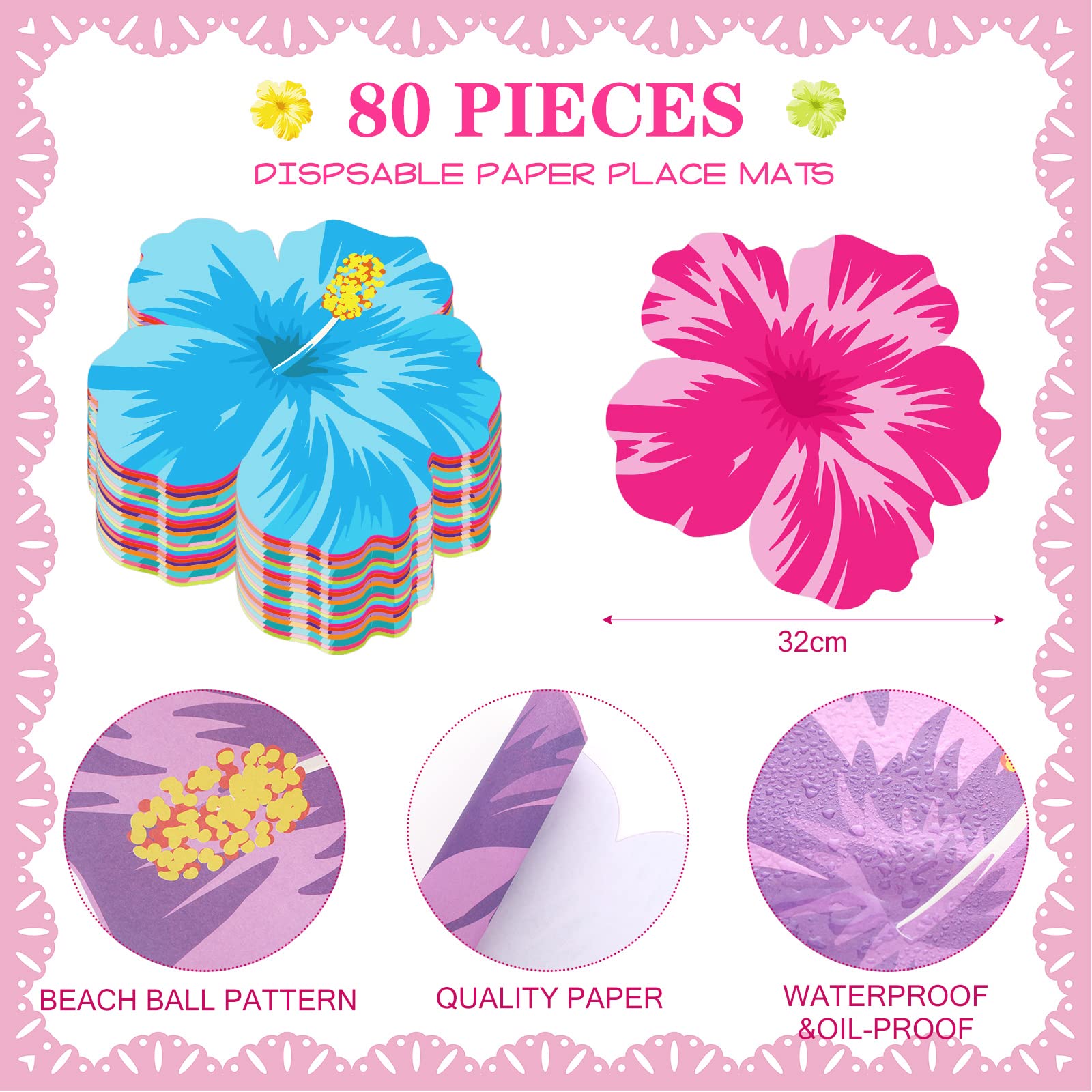 Teling 80 manteles individuales desechables de flores hawaianas desechables de 12.8 pulgadas, manteles individuales de papel para novia, baby shower, suministros de fiesta de cumpleaños, decoración