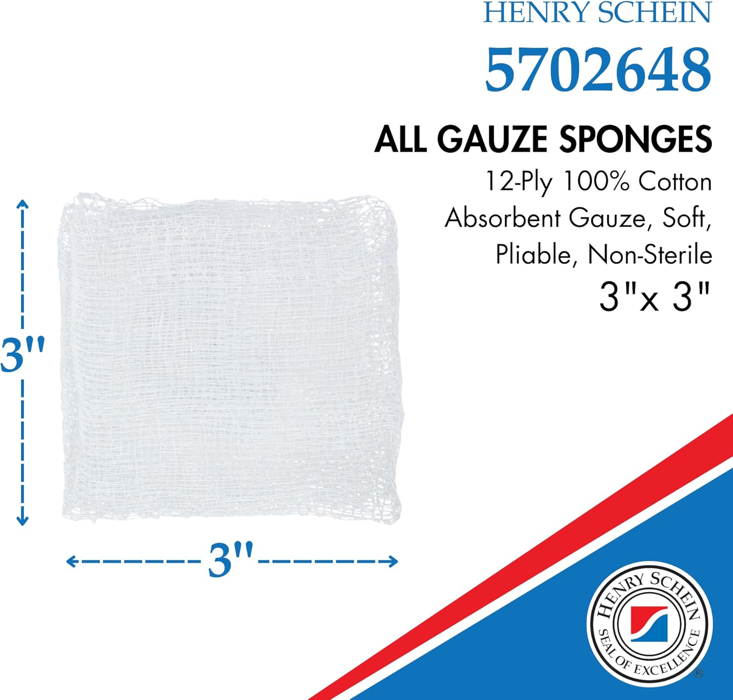 Henry Schein 200-Pack Non-Sterile Gauze Pads 3’’ x 3’’ for Wound Dressing Gauze Sponge-Pads for Wound Care,100% Cotton & Highly Absorbent (200/Pack) / (20 Packs per Case) - Case of 1