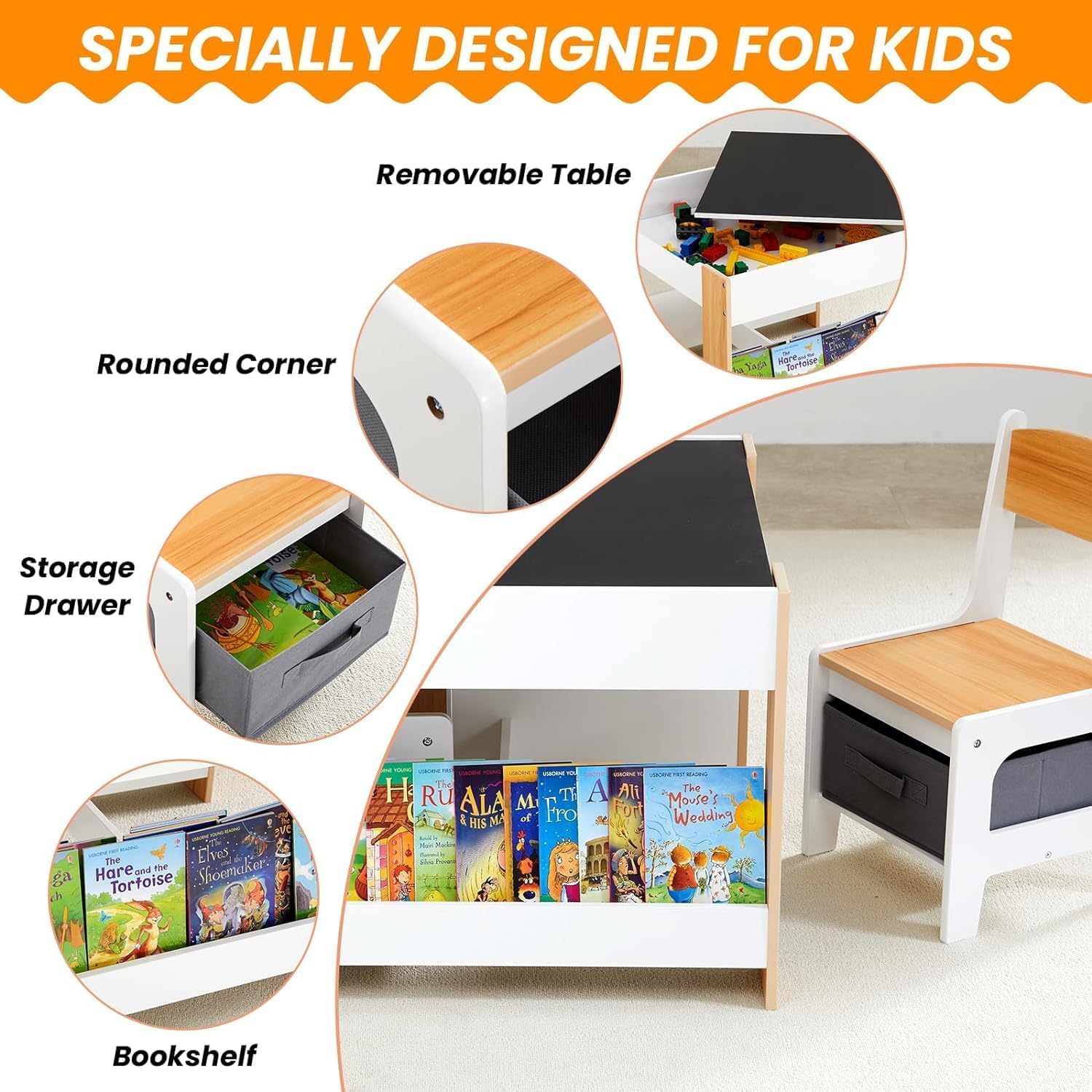 Asweets Ensemble Table et Chaises pour Enfants, Bureau 4 en 1 avec Tiroir De Rangement, Table d'Activités en Bois pour Plateau Amovible 2 en 1, avec Bibliothèque