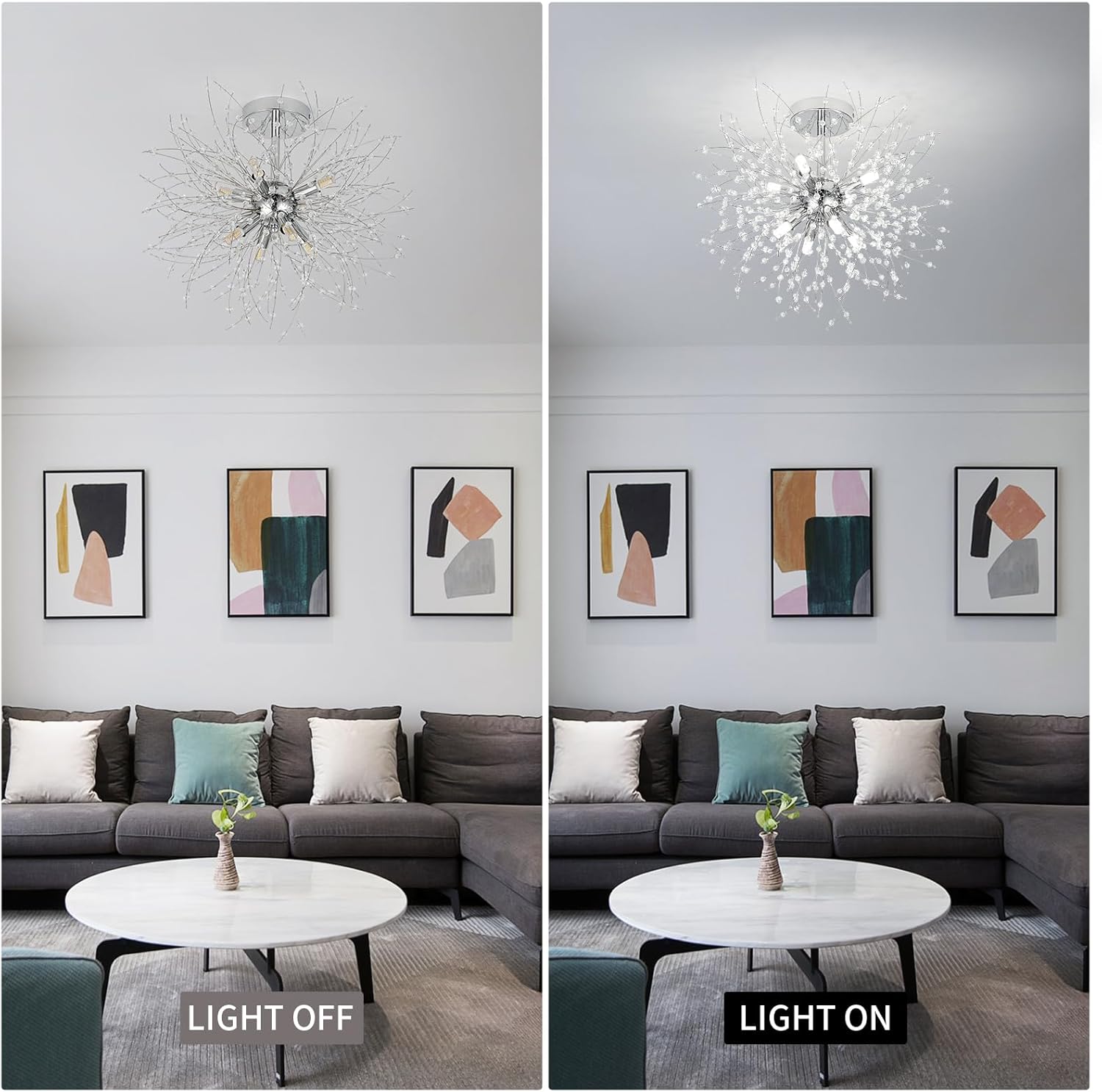 WILON Modern Crystal Ceiling Chandeliers, Firework Dandelion Ceiling Light Flush Mount 8-Lights Bedroom Lighting Fixtures for Hallway Kitchen Living Room (Nickel)