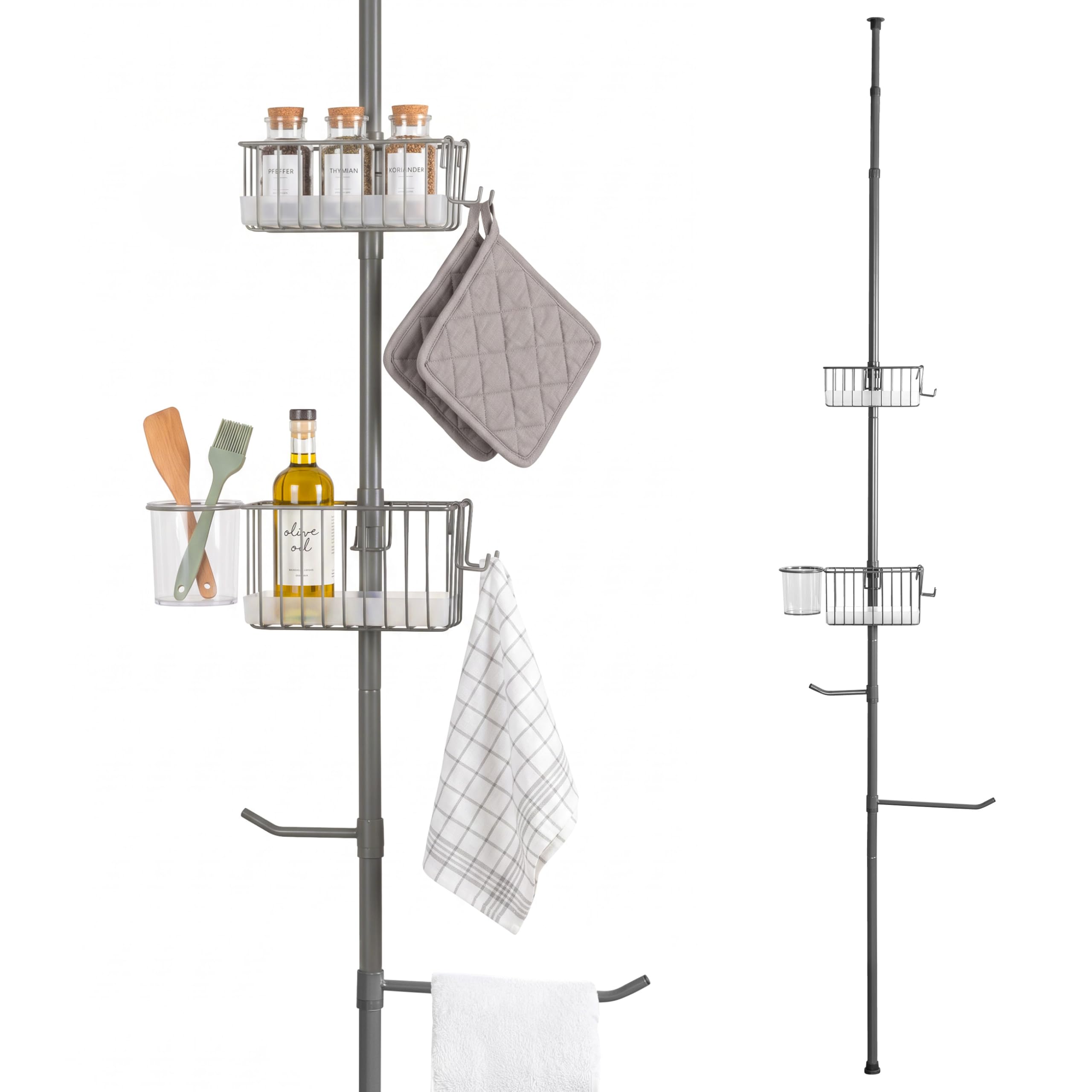 bremermann Telescopic Kitchen Rack with 2 Baskets and 2 Tea Towel Holders, Ideal for Spices, Oils, Kitchen Utensils etc. Height Adjustable up to 290 cm, Metal (Grey)