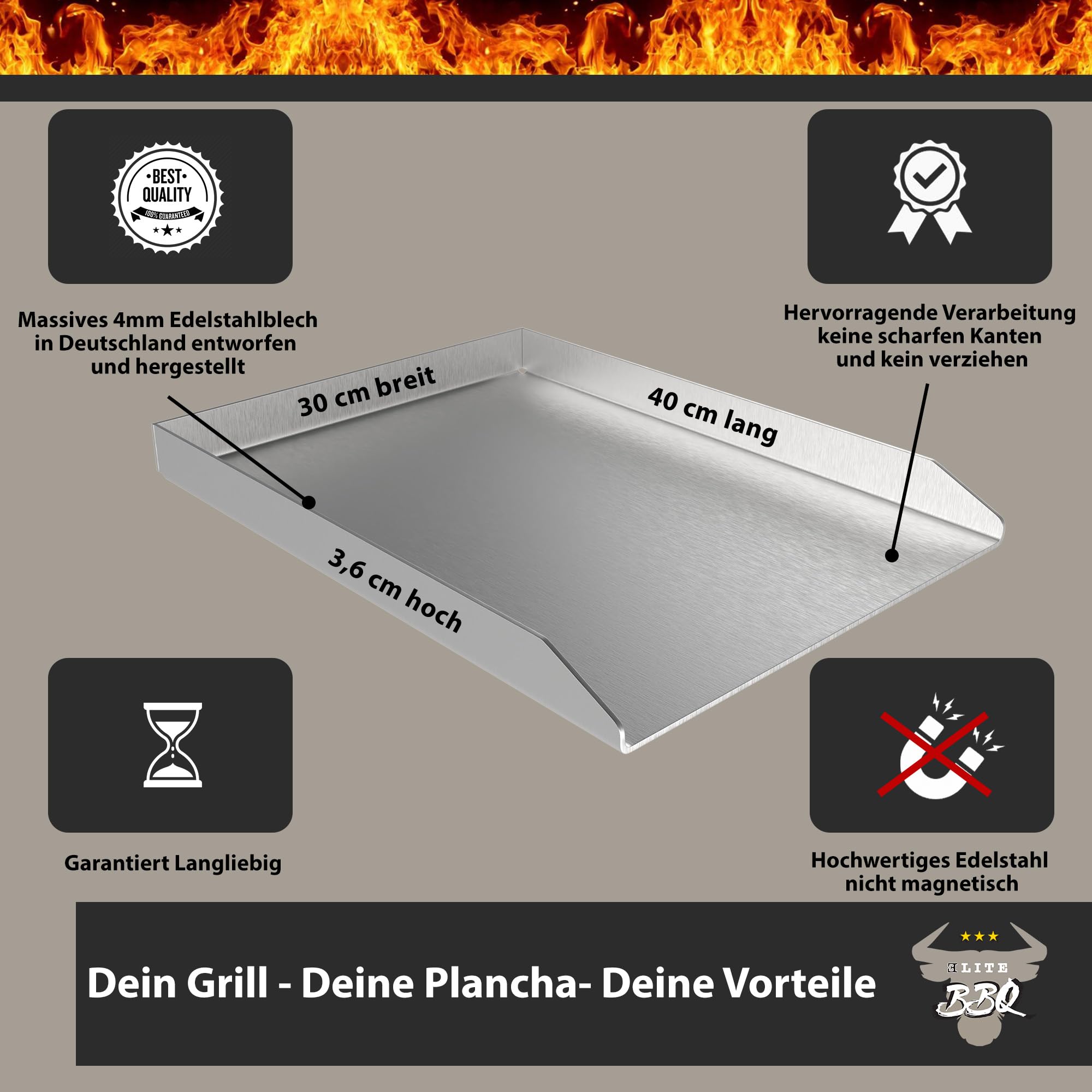 ELITE BBQ Plancha Grillplatte 40x30cm aus 4mm Edelstahl für Gasgrill - Ideal für Smash Burger geeignet mit Napoleon Freestyle 365 und Weber Spirit, Flache Grillplatte für Perfekte Grillergebnisse