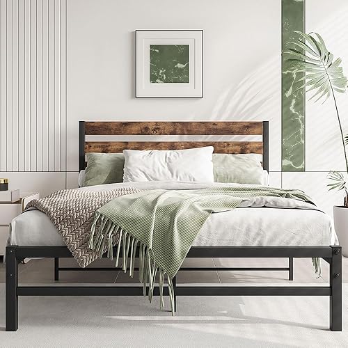Miniatura 32 de Cama de plataforma de metal de tamaño individual con cabecera de madera, no necesita somier, fácil montaje, grano de madera negro Grano de madera