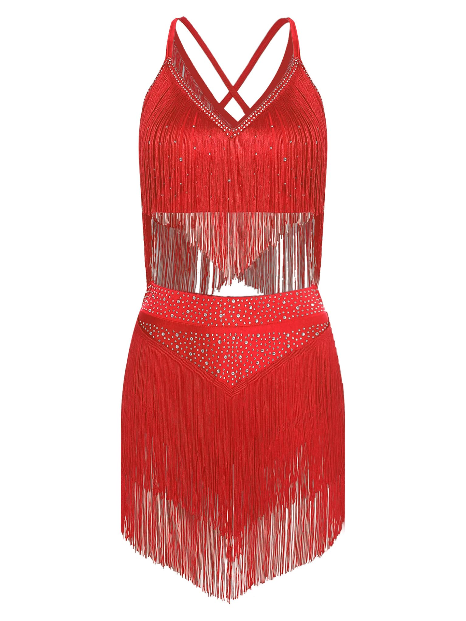 Abito da Ballo Latino Donna 2 Pezzi Top Senza Maniche Gonna con Nappe e Strass Vestito da Pattinaggio Salsa Cha Cha Dancewear