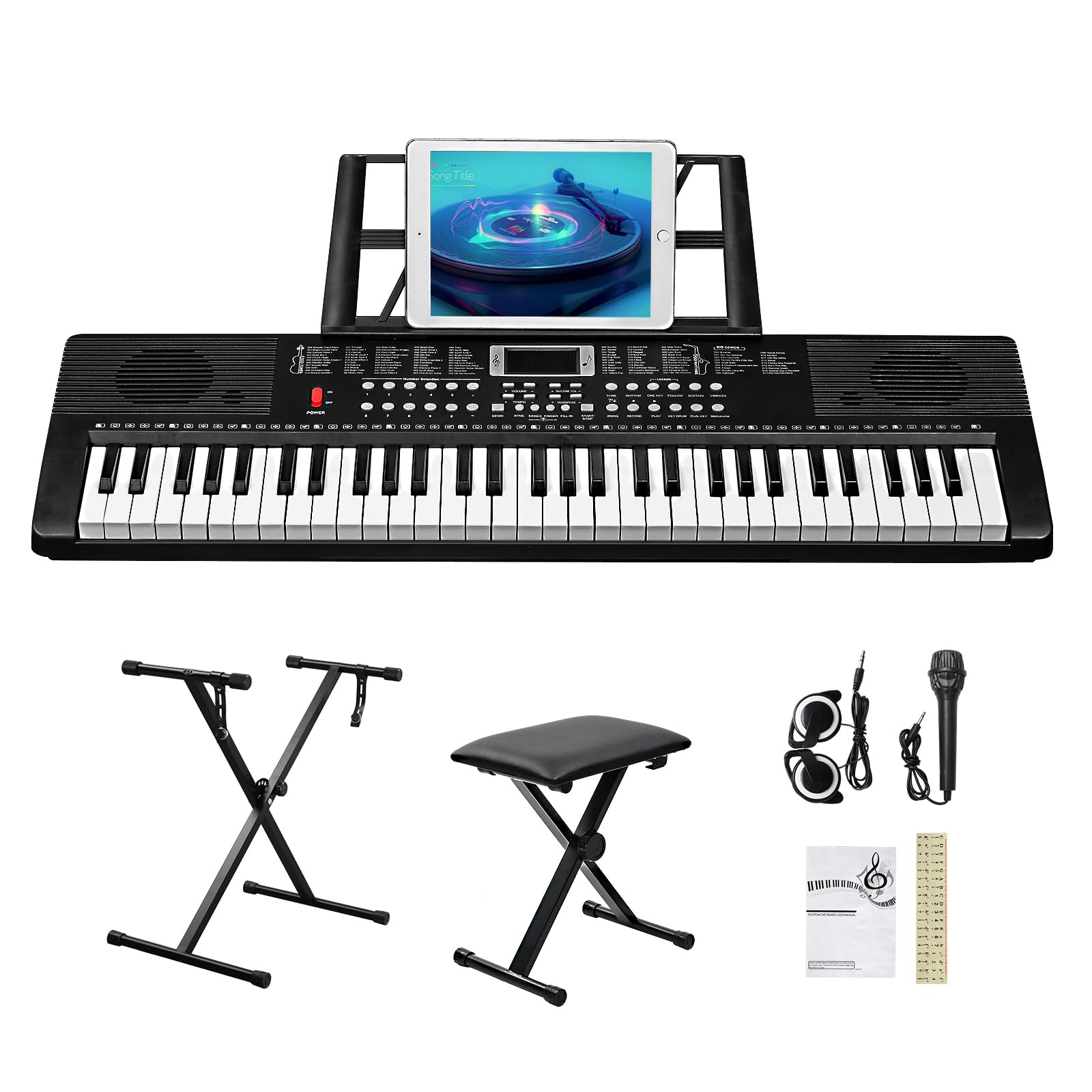 Bonnlo 61-Tasten Keyboard Set mit Ständer, Hocker, Kopfhörer & LED-Display mit eingebauten Lautsprechern – 3 Lernmodi, 200 Klänge, 200 Rhythmen, für Anfänger & Fortgeschrittene, Schwarz