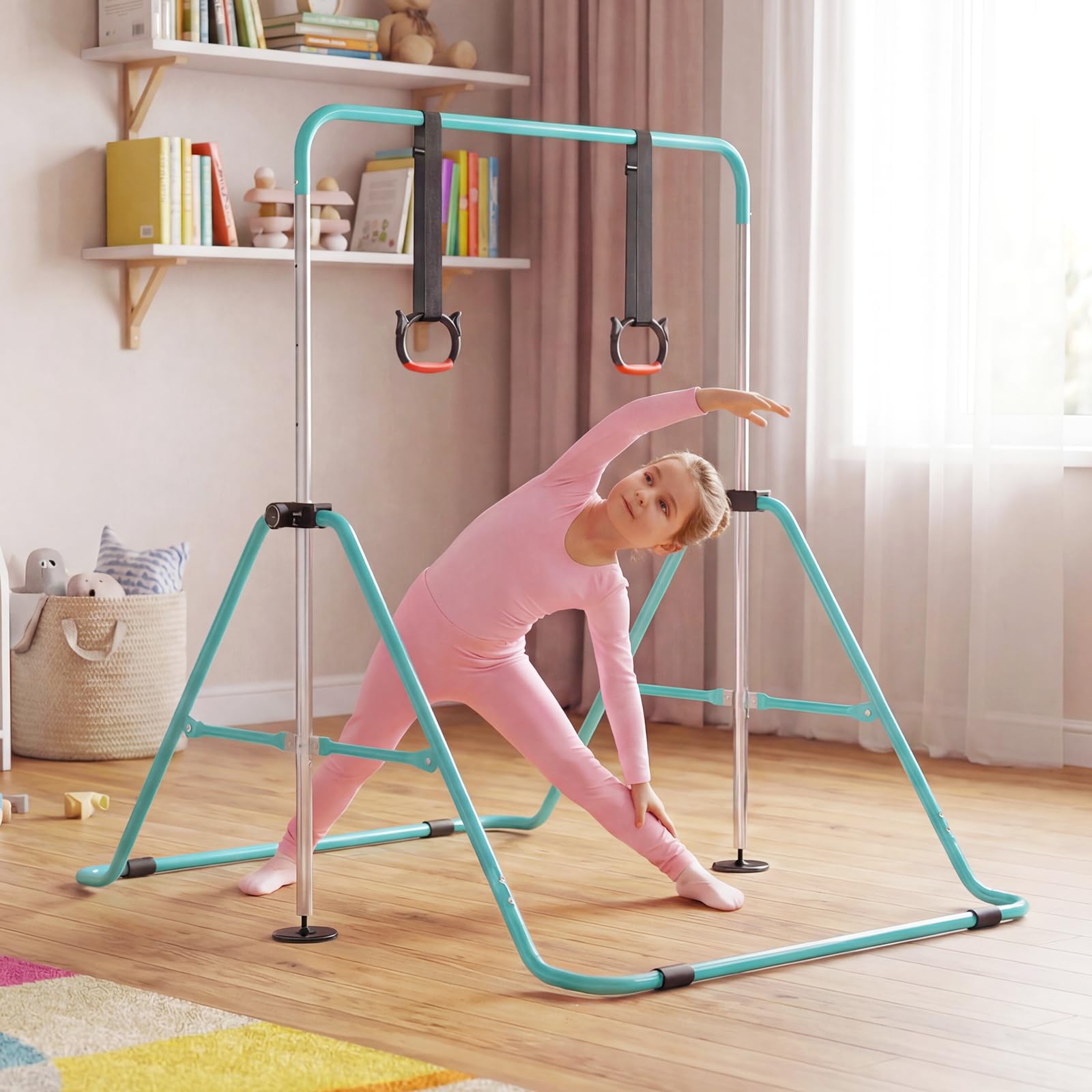 COSTWAY Gymnastikstange Kinder faltbar, Reckstange mit 4 Verstellbarer Höhen & Turnringe, horizontale Turnstange für Indoor & Outdoor, Turnreck erweiterbar für Kinder von 3-12 Jahren