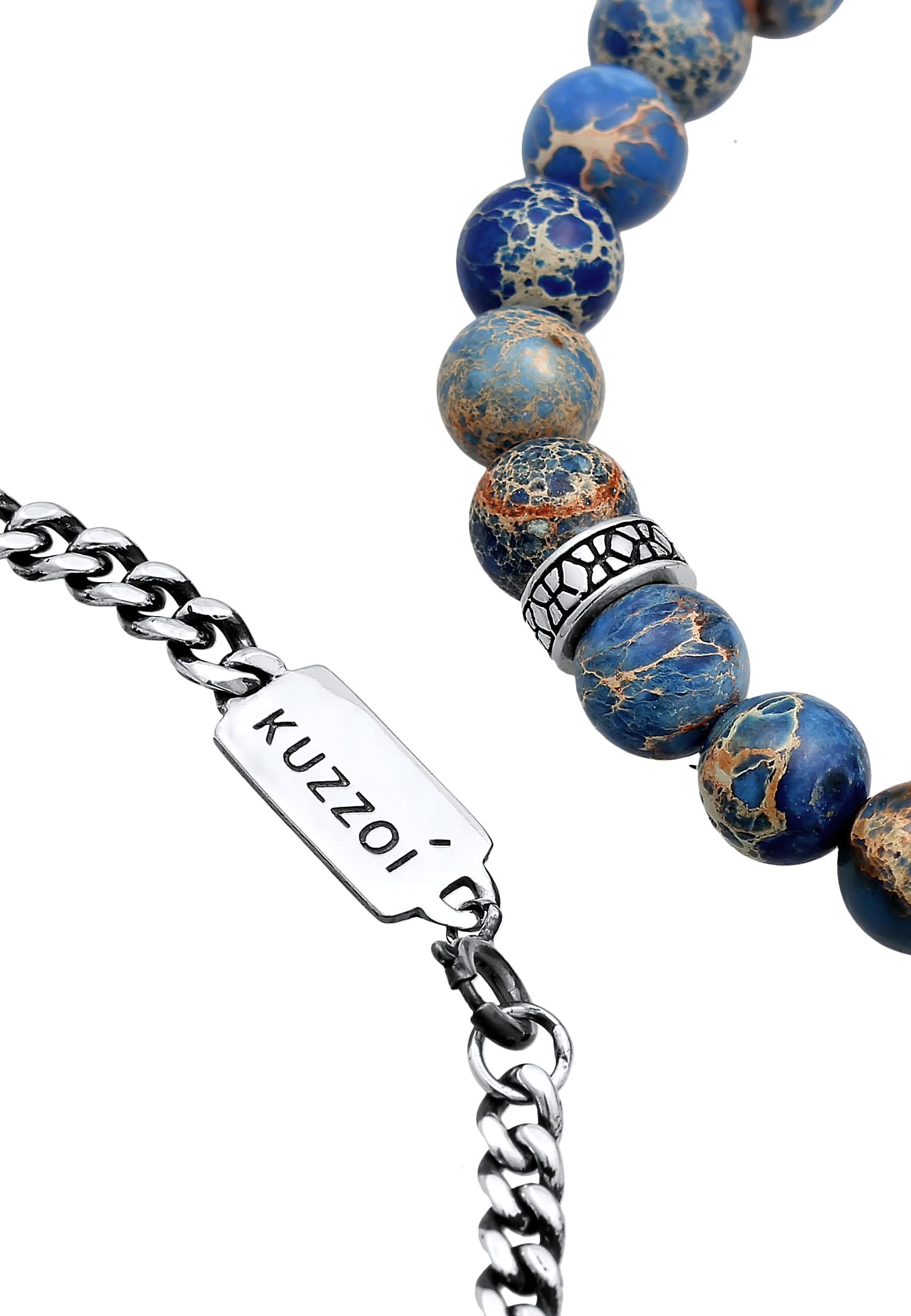 Kuzzoi Buddha Herren Armband Set, EIN elastisches Edelstein Armband mit Silber Beads, Blaue Achat Perlen und EIN Panzerarmband für den Mann, 925 Sterling Silber oxidiert, Länge 19-21 cm, 0211311221