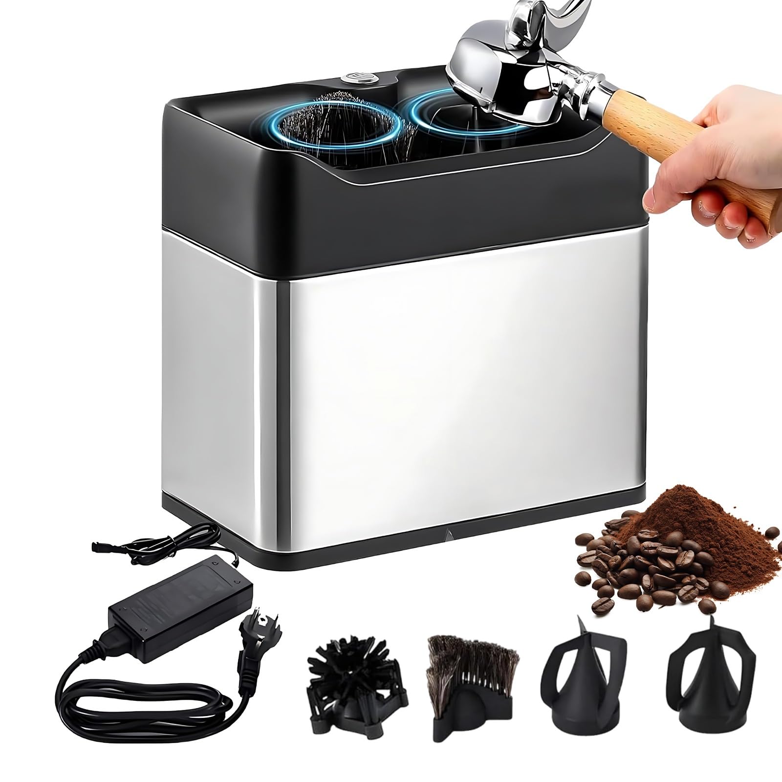 Limpiador Profesional Eléctrico para Filtro de Café, Raspador Rápido 340 RPM, Contenedor de Posos en Acero Inoxidable Robusto para Mostrador(Silver)