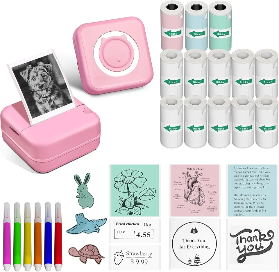 Aptika Impressora de Autocolantes - Mini Impressora com 14 Rolos de Papel Autocolante, Criador de Eetiquetas de Bolso para iPhone/Android, Máquina Térmica Bluetooth para Aniversários Infantis, Rosa