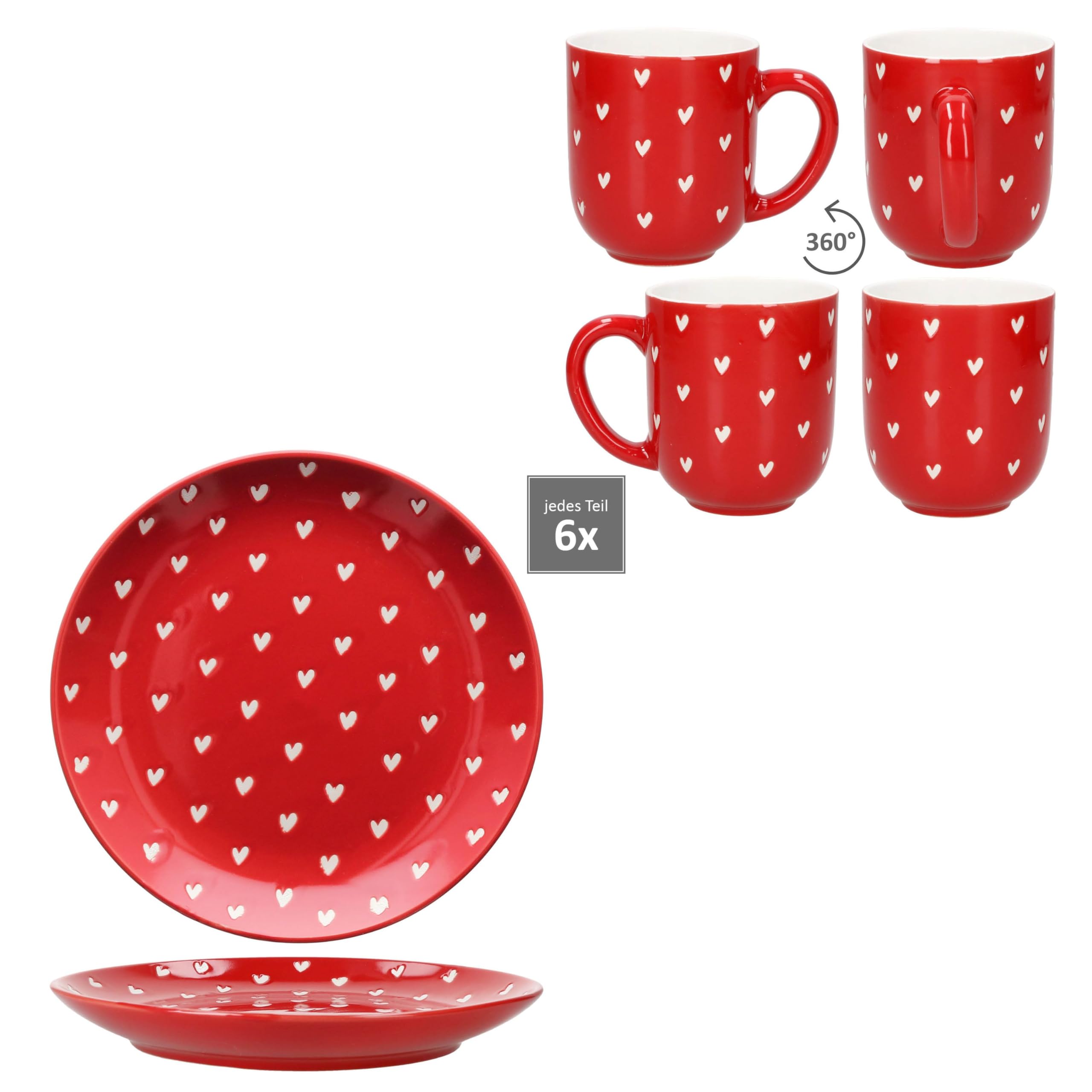 MamboCat Love 12tlg Frühstücksset I 6x Kuchenteller Ø19,5cm & 6x Kaffeebecher 300ml I Porzellan Geschirr rot mit weißen matten Herzen I für Frühstück & Kaffeezeit