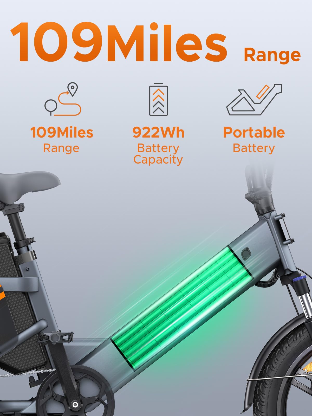 ENGWE LE20 Ebike showing 109 Miles range and 922Wh battery capacity