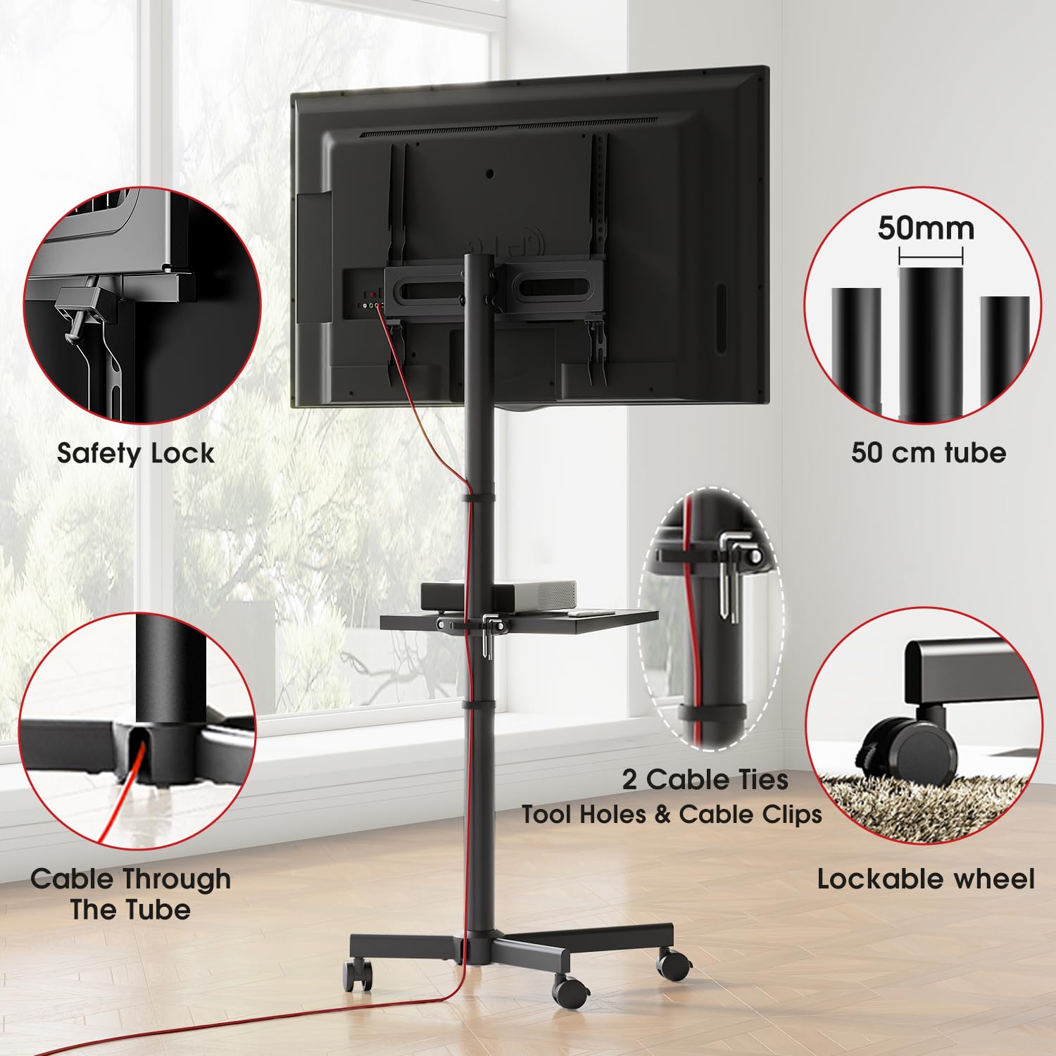 BONTEC Universele mobiele tv-wagen, trolley, tv-standaard, standaard, televisietafel met houder, voor lcd-led, plasma tv, 23-60 max. VESA 400 x 400 mm, in hoogte verstelbaar