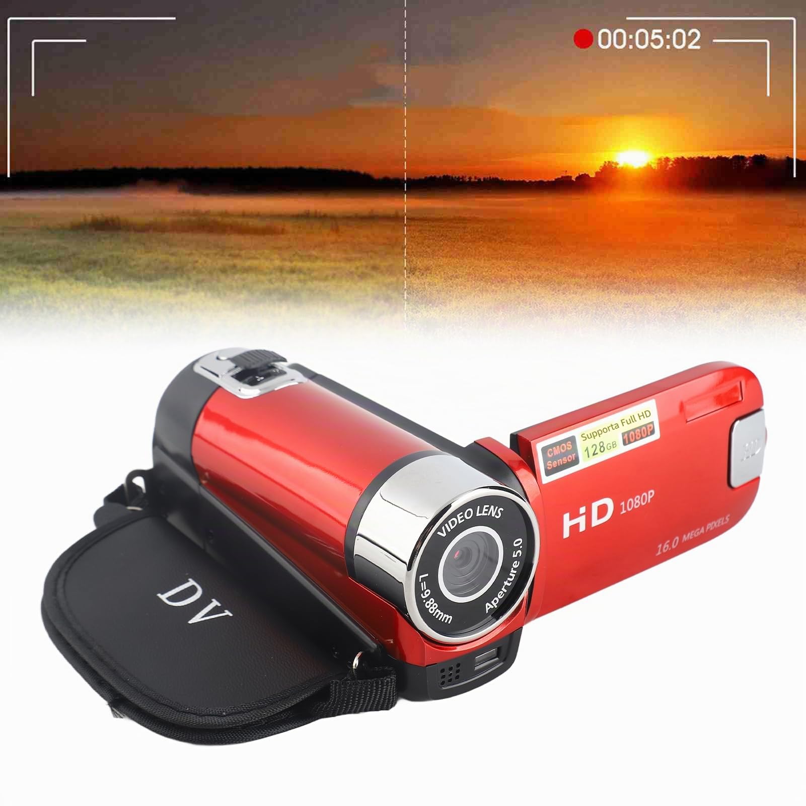 Videocamera Videocamera, Rotazione Full HD 16X Videocamera Digitale Ad Alta Definizione Videocamera DV Videocamera Vlogging Registratore per Feste in Casa, Picnic All'aperto(Spina europea rossa)
