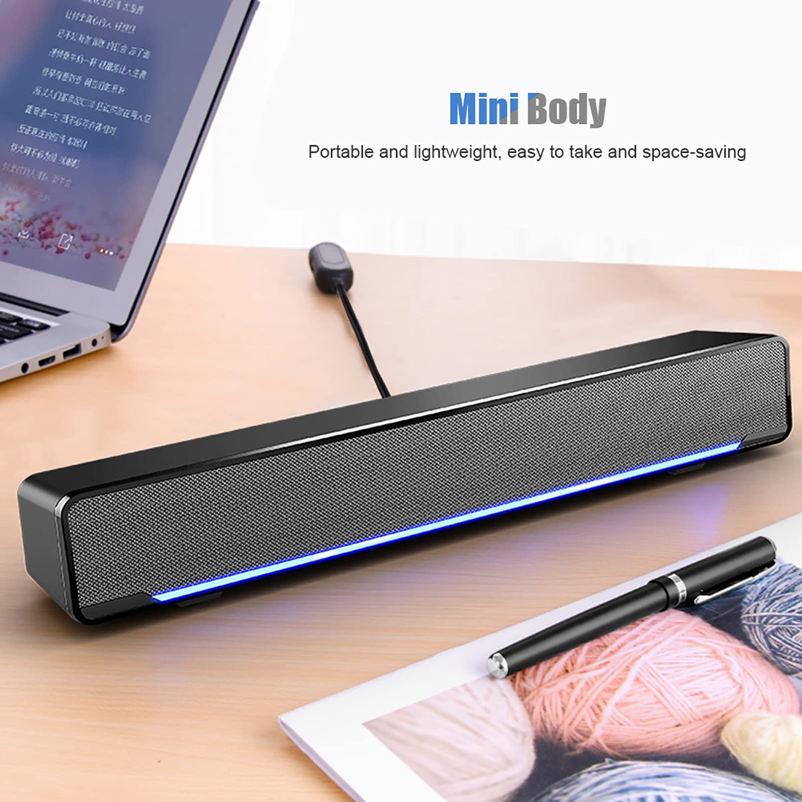 Computer Speakers, Wired USB PC Speaker with 3D Stereo Sound, Blue LED Breathing Light, Mini Sound Speaker for Desktop, Laptop, Smartphone, Tablet, MP3, MP4 (Black)
