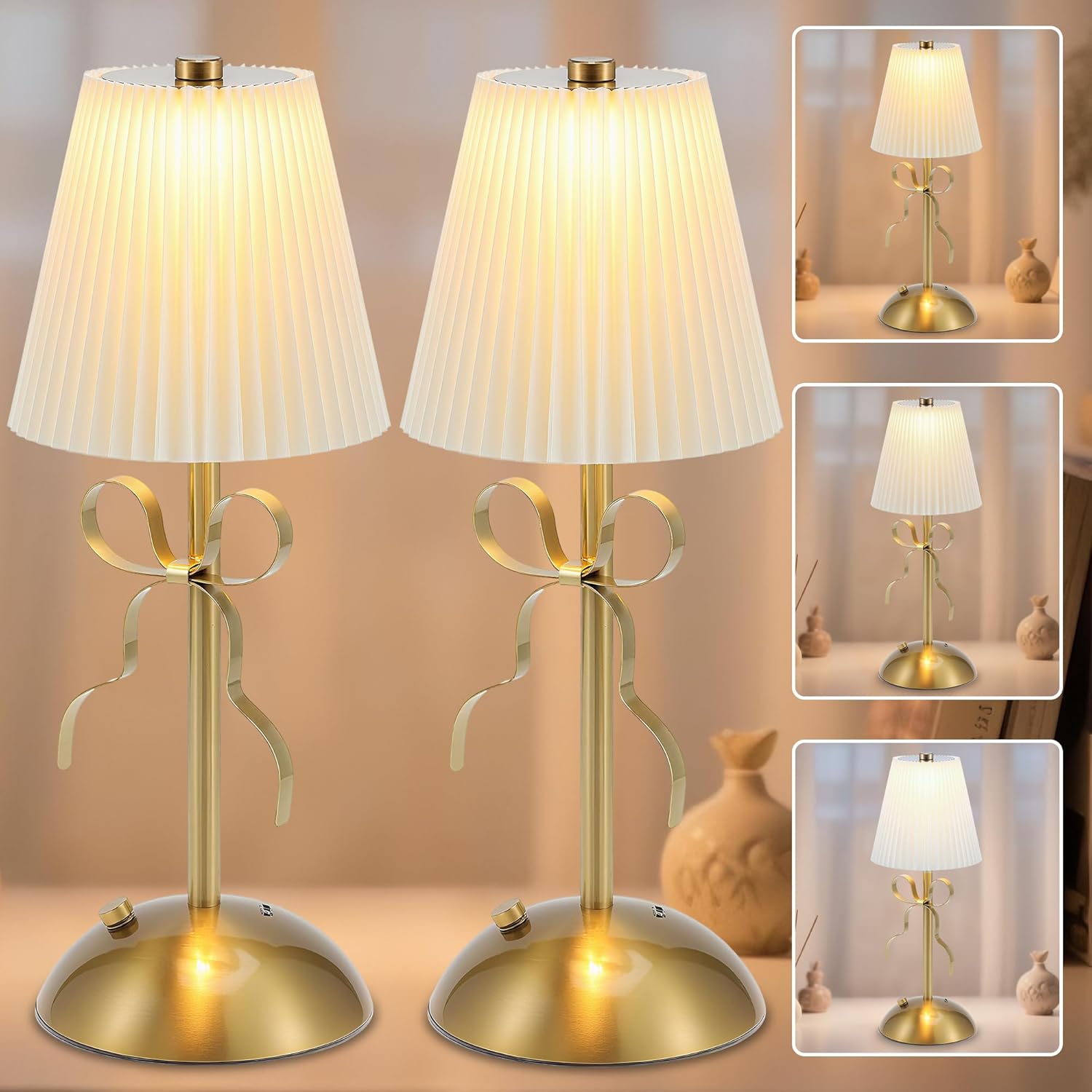 2 Pack Cordless Table Lamp,Small Gold Bow Night Light,LED Rechargeable Reading Lights,3 Color Stepless Dimmable Touch Control Bedside Lamp,Bedroom Living Room Bar Desk Lamp Home Decor Ambient Lighting