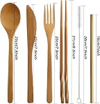 2 Ensemble Bamboo Couverts Flatware Ensemble Bambou ustensiles de voyage Incluez des bâtonnets de fourchette à couteau réutilisables en pailles (blanc et vert)
