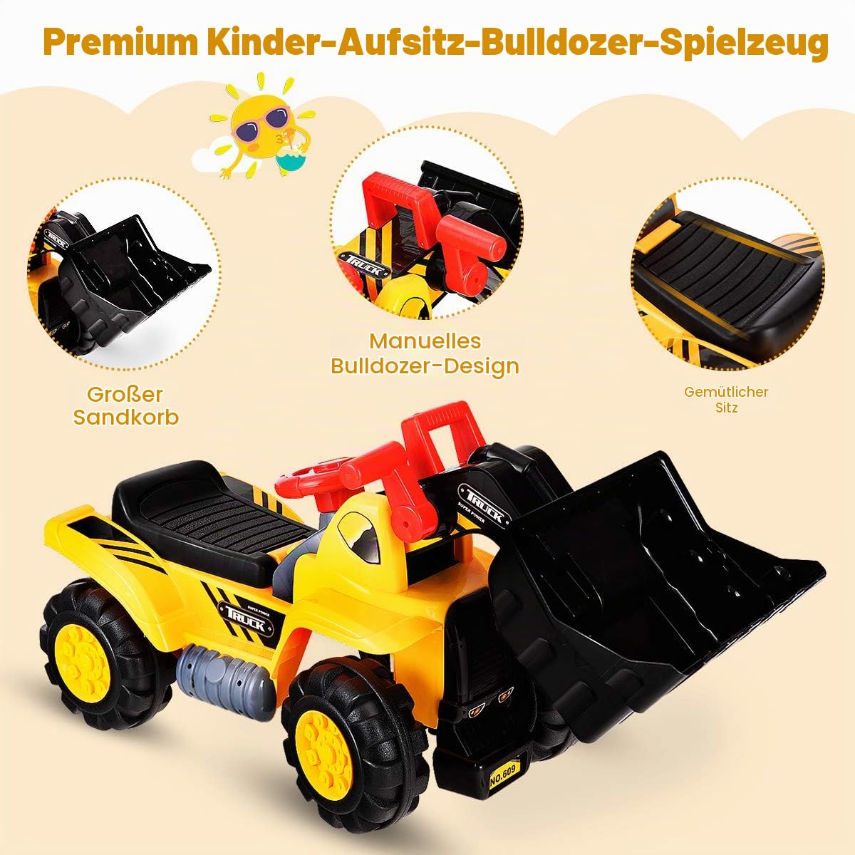 DREAMADE Kinder Sitzbagger, Aufsitzbagger mit Schutzhelm & 3 Spielsteine, Schaufel & Stauraum, Sandbagger mit Sound-Tasten, Bagger zum draufsitzen für Kinder ab 3 Jahren