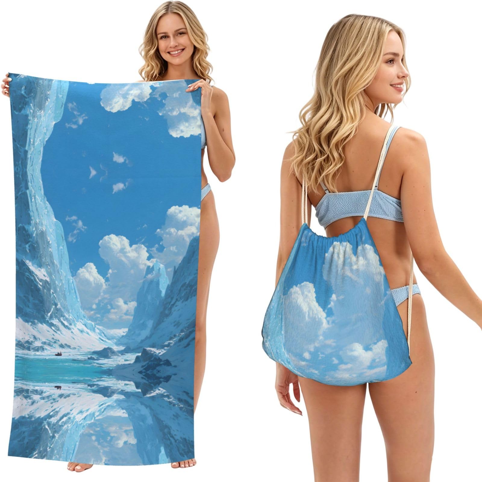 ESNAIUVCD Glacier Scenery Print Beach Towel For Adults,Towel With Drawstring Bag, Travel Pool Swimming Sports Shower Sand Free Quick Dry Bath Towel For Pool, Beach, Yoga- 180x60cm