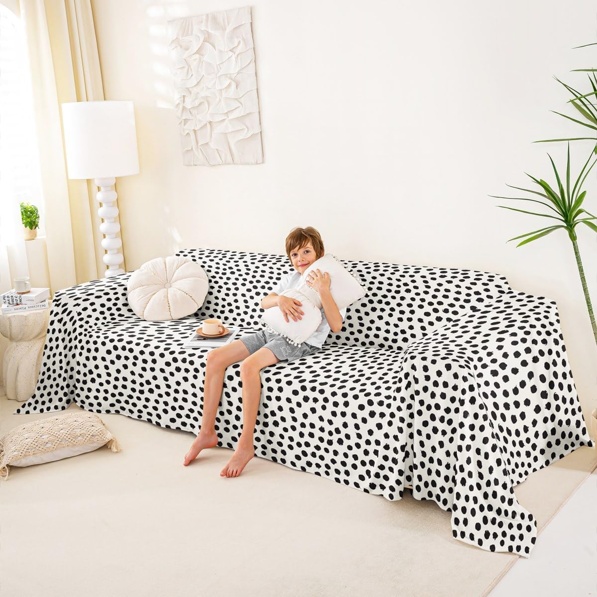 Erosebridal Polka Dots Couch Cover 71" x 91" Dots Sofa Slipcover Geometric Dot Sofa Cover Modern Farmhouse Craft Patchwork Black White Couch Protector