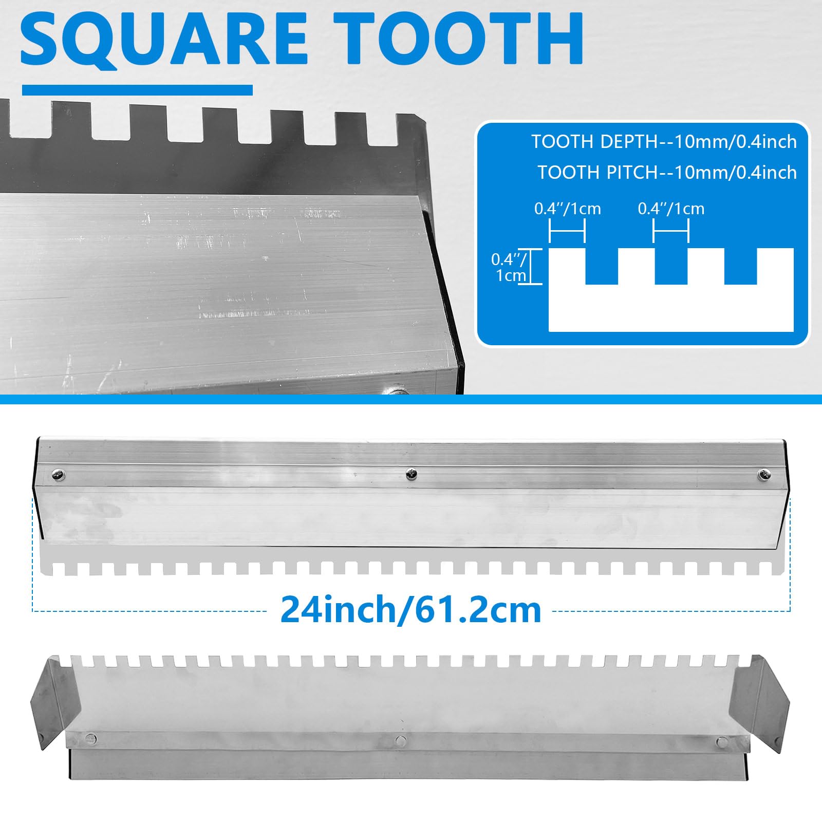Paquete de 2 herramientas para azulejos, paleta grande de 24 pulgadas, paleta de mampostería de acero inoxidable de muesca cuadrada de 2/5 x 2/5 pulgadas para azulejos grandes y baldosas de mano