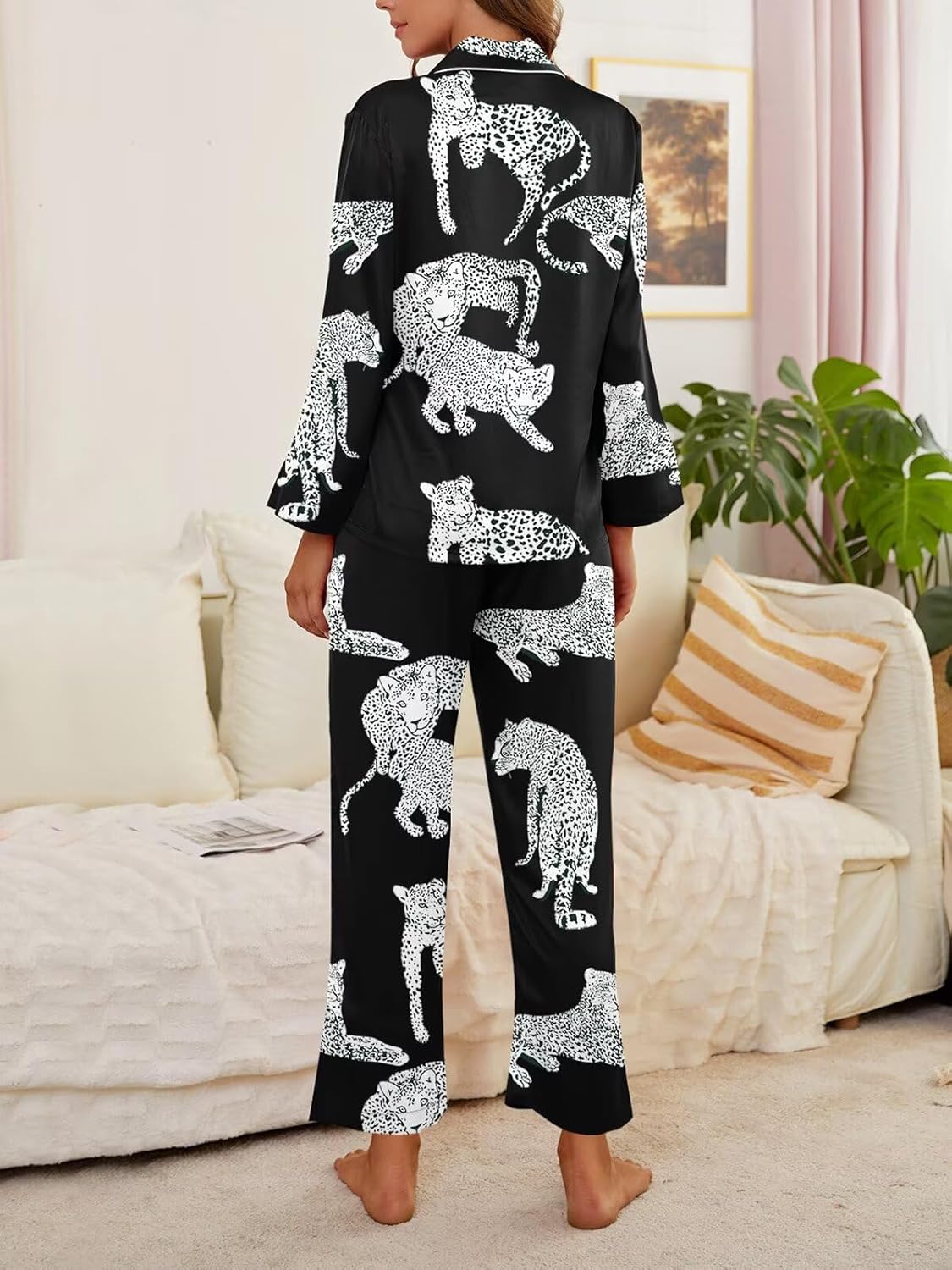 Brosloth Womens Silk Pajamas Long Sleeve Button Down Animal Print Cute Pjs Set Satin Pajama Set - Image 4