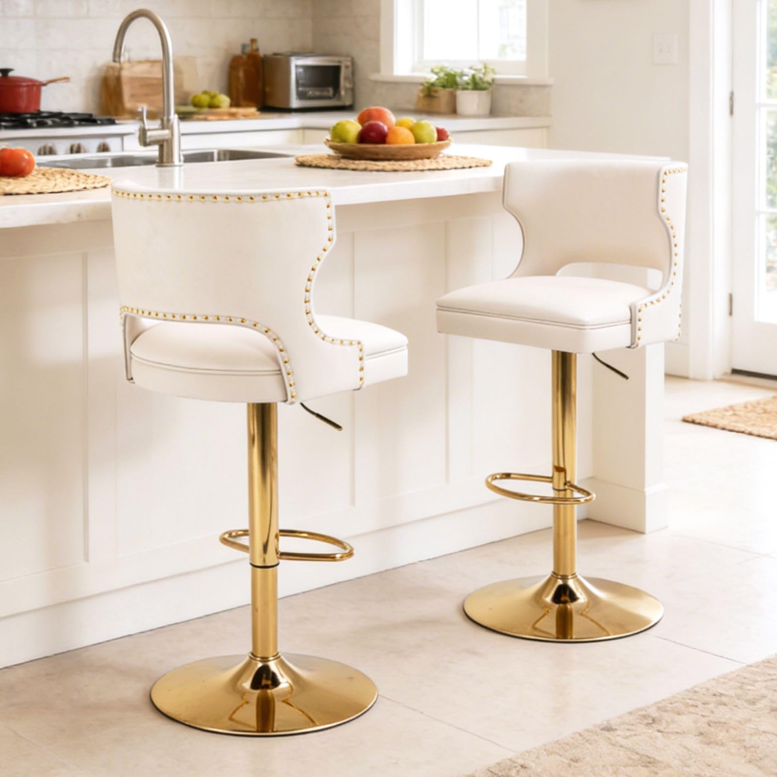 ROCITY Beige Bar Stools Set of 2 Swivel Counter Height Barstools with Back Faux Leather Bar Chairs with Gold Base Adjustable Modern Kitchen Island for