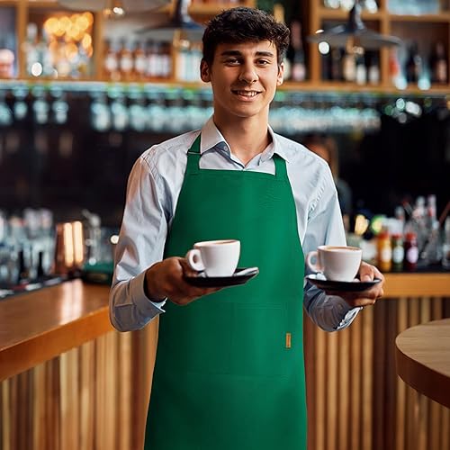 Miniatura 3 de BOHARERS Delantales verdes con bolsillos  Delantal de restaurante para el trabajo, hogar, cocina, delantales de chef lavables