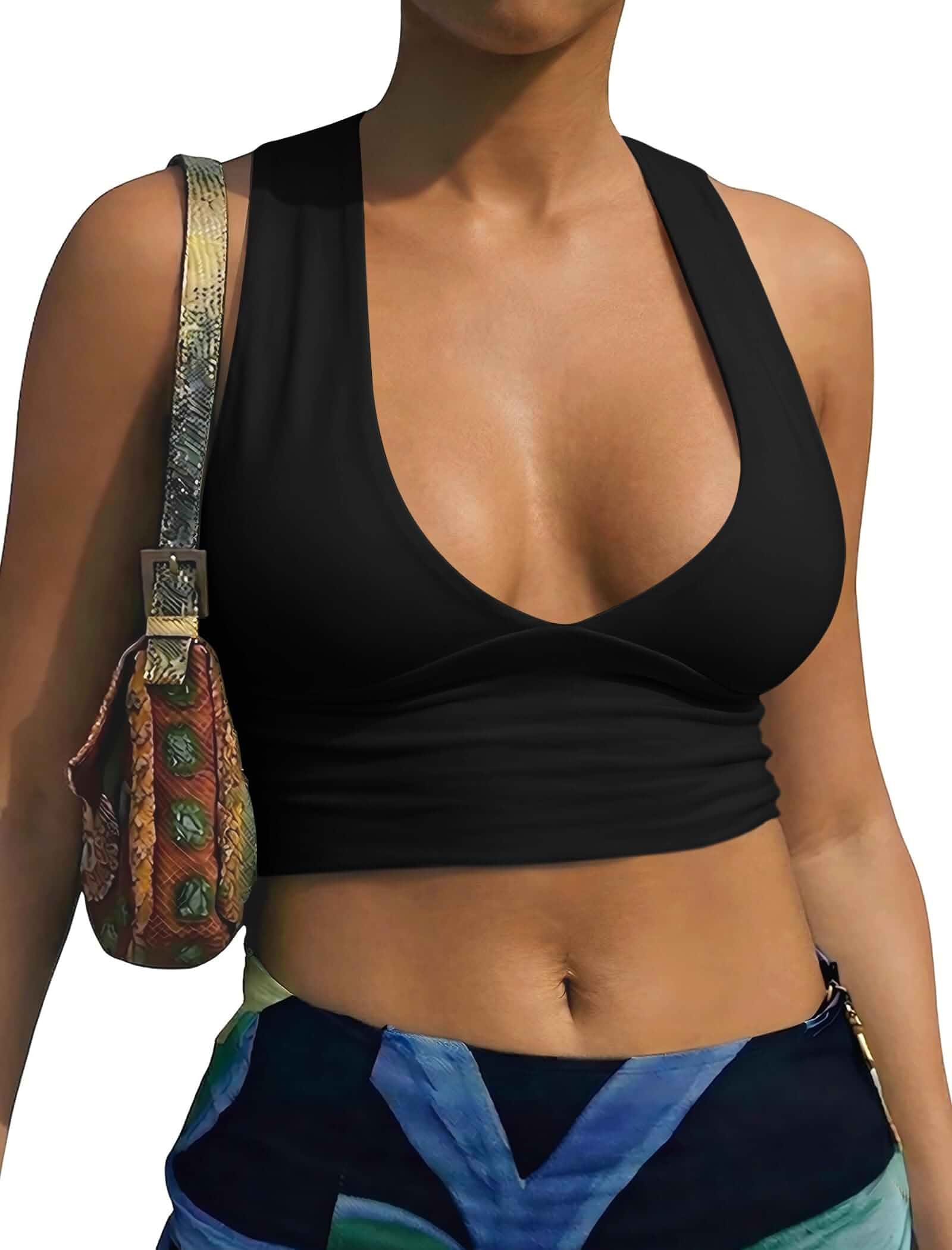 AEPEBO Sexy Crop Tops for Women Deep V Neck Back Cutout Racerback Tank Tops Cute going out tops, soft, stretchy, double-lined, not see-thru, fitted y2k style, summer, date night, vacation, party, club