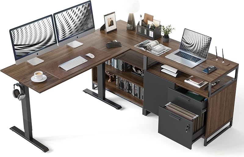 FEZIBO Escritorio de pie en forma de L de 66 pulgadas con cajones y estantes, mesa ejecutiva de altura ajustable, tapa de nogal negro/marco negro