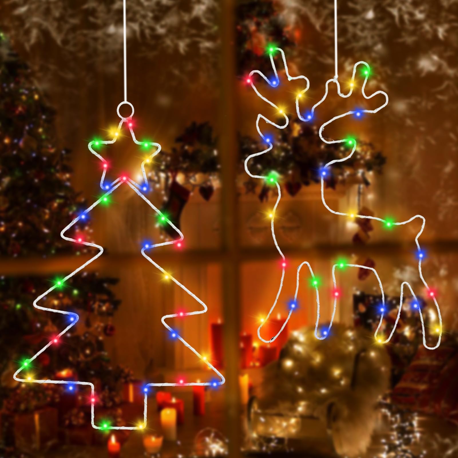 Luces Navidad Estrella,2 Piezas Luz Navidad LED,40 Leds Árbol Navidad Luces Pilas,Cotina Luces Ventana Navidad Estrella alce del árbol Navidad para Exterior Interior Balcón Ventana Navidad Decoración