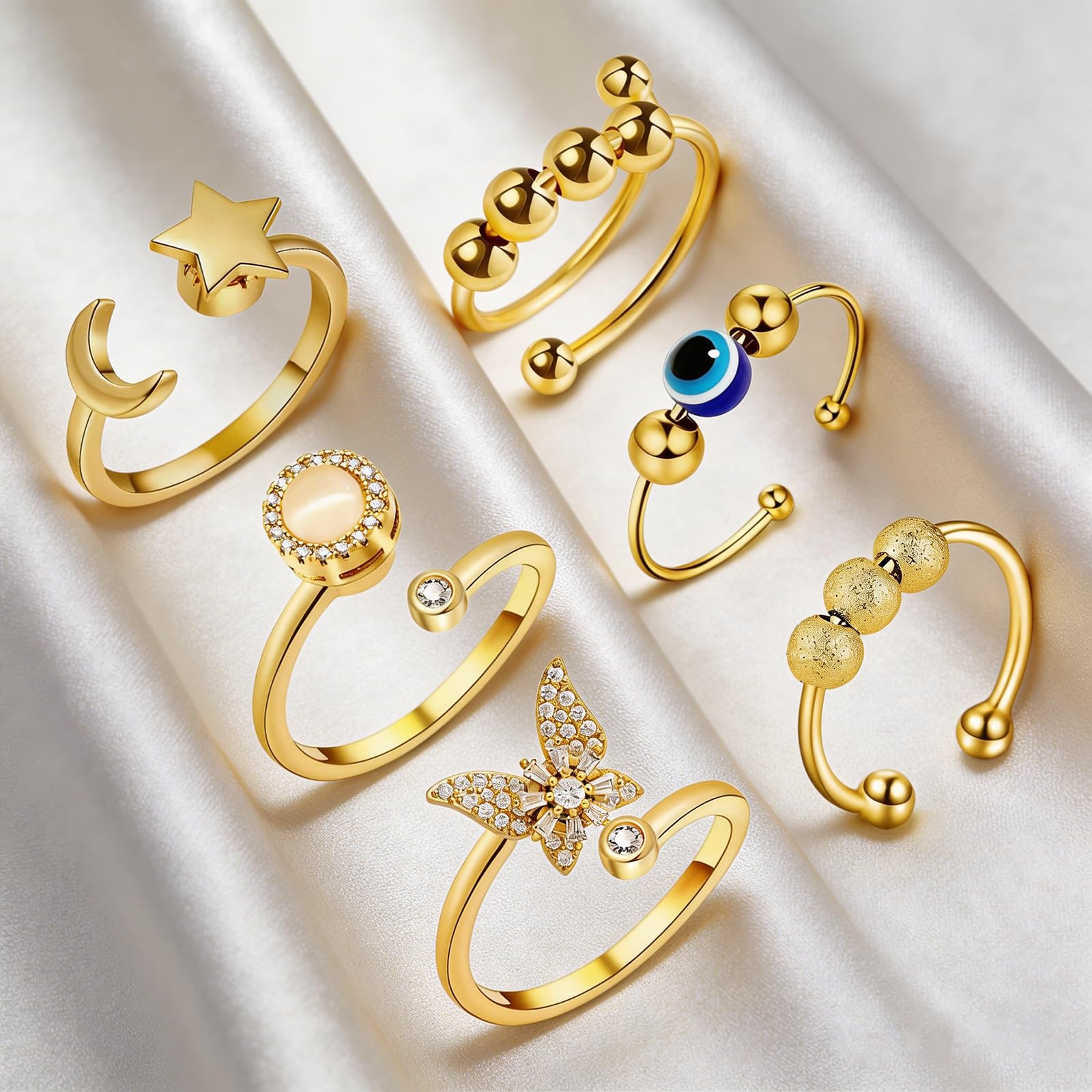 YU8 6 piezas de mariposa y luna y estrella giratoria ajustable para la ansiedad, alivio del estrés, joyería giratoria para mujeres y adolescentes