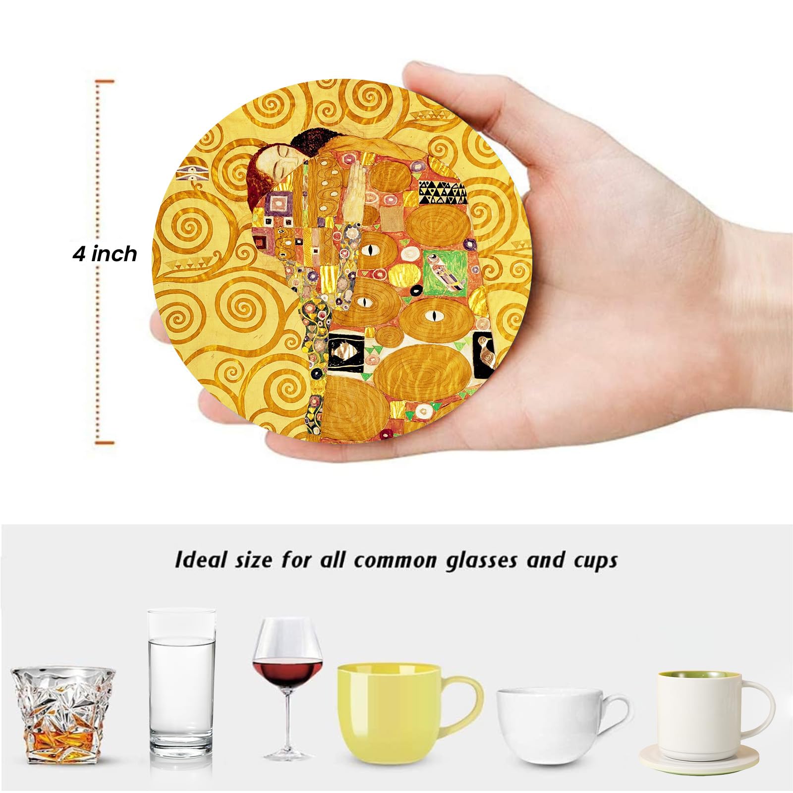 Gustav Klimt Untersetzer für Getränke, rund, saugfähig, Keramik-Stein-Untersetzer mit Metallständer, Klimt Gold Gelb Kunst Untersetzer mit Korkboden für Heimdekoration, Bar, Kaffee, Party,