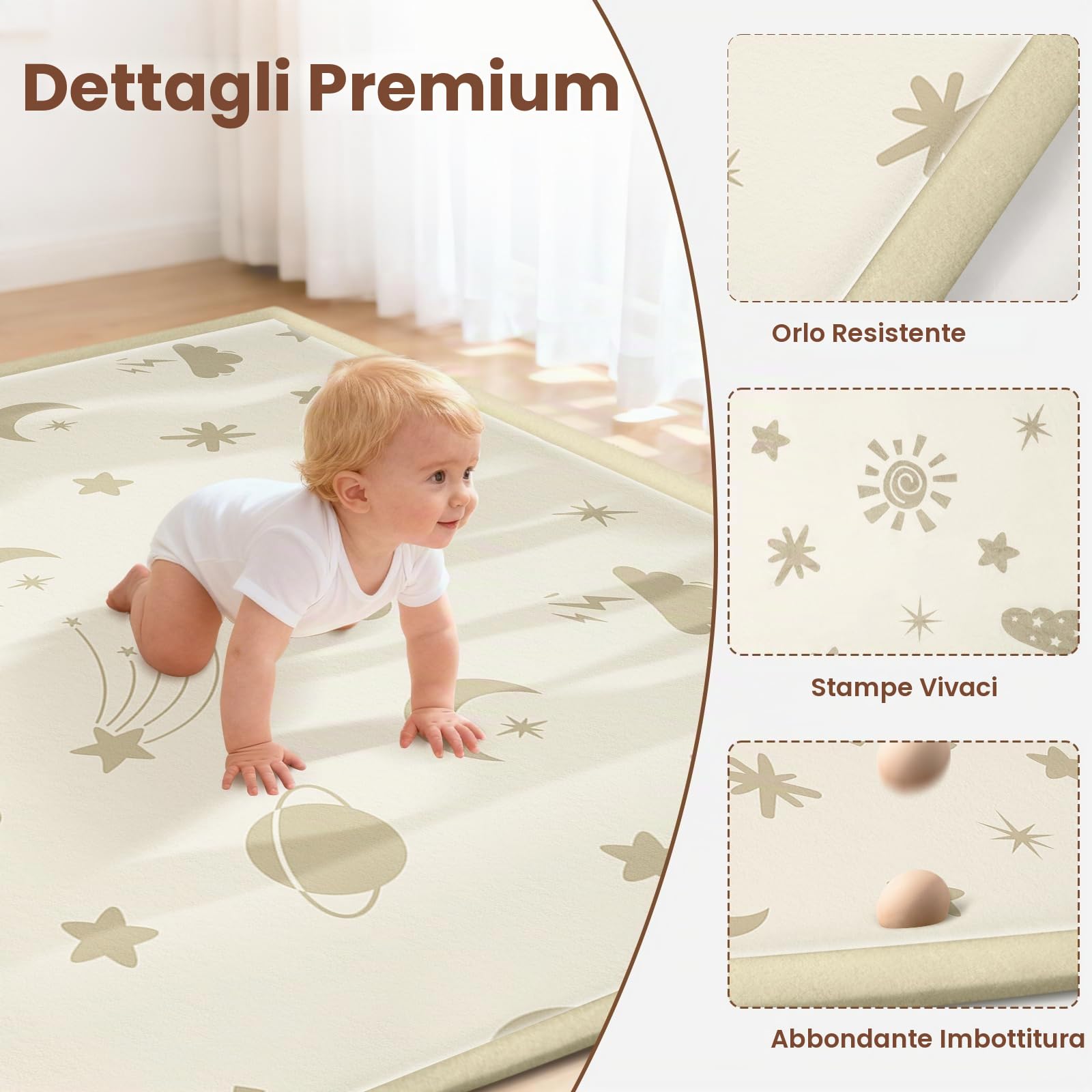 Tappeto Gioco Neonato Gattonamento, 150x180x3cm, Tappetone Pieghevole per Bambini, Superficie in Morbida Flanella con Base Antiscivolo per Camera e Soggiorno - Stelle e Luna