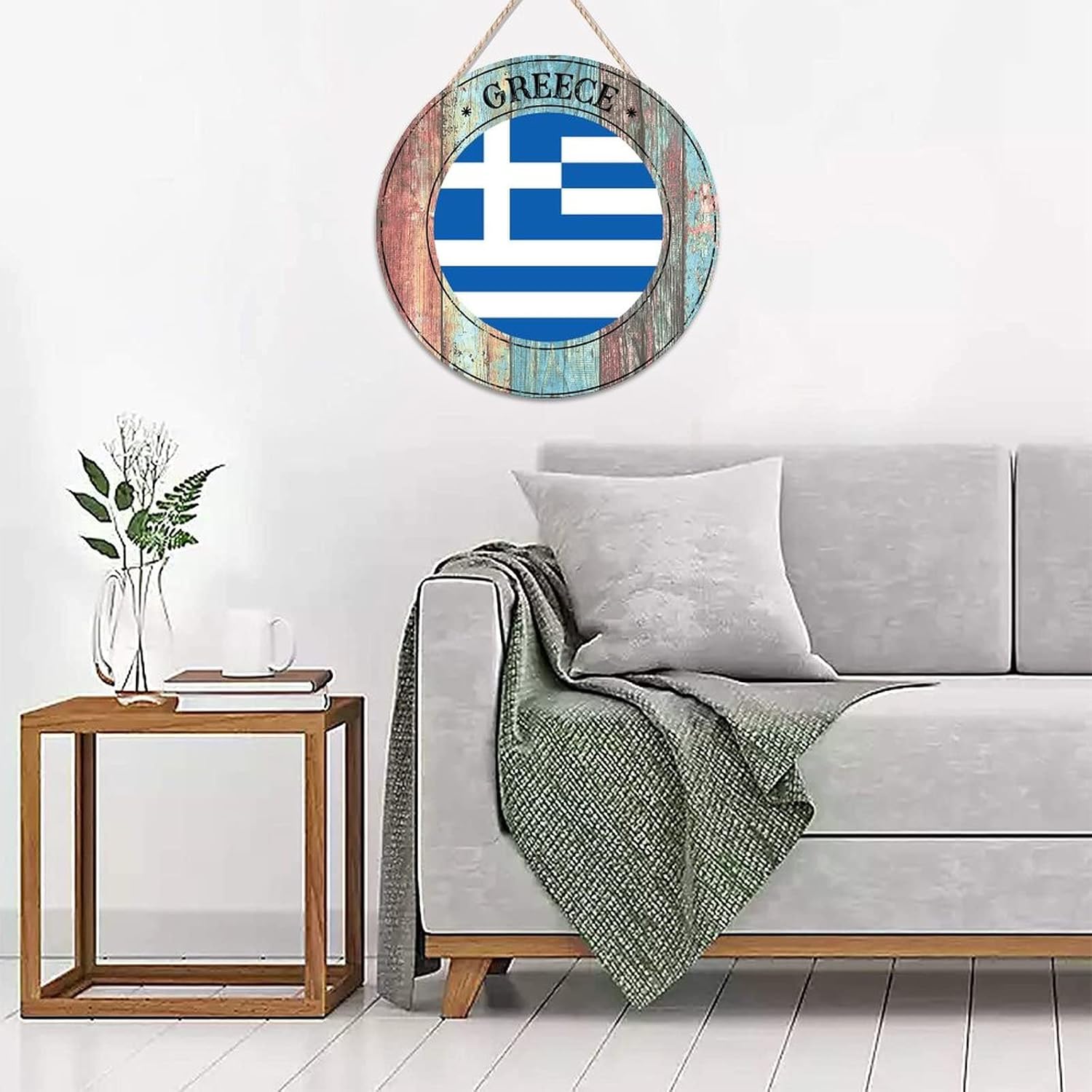 Cheyan 18"x18" Greece Door Sign for Front Door Farmhouse Decor Round Wooden Sign Rustic Door Hanger Home Decoration, Greece Flag