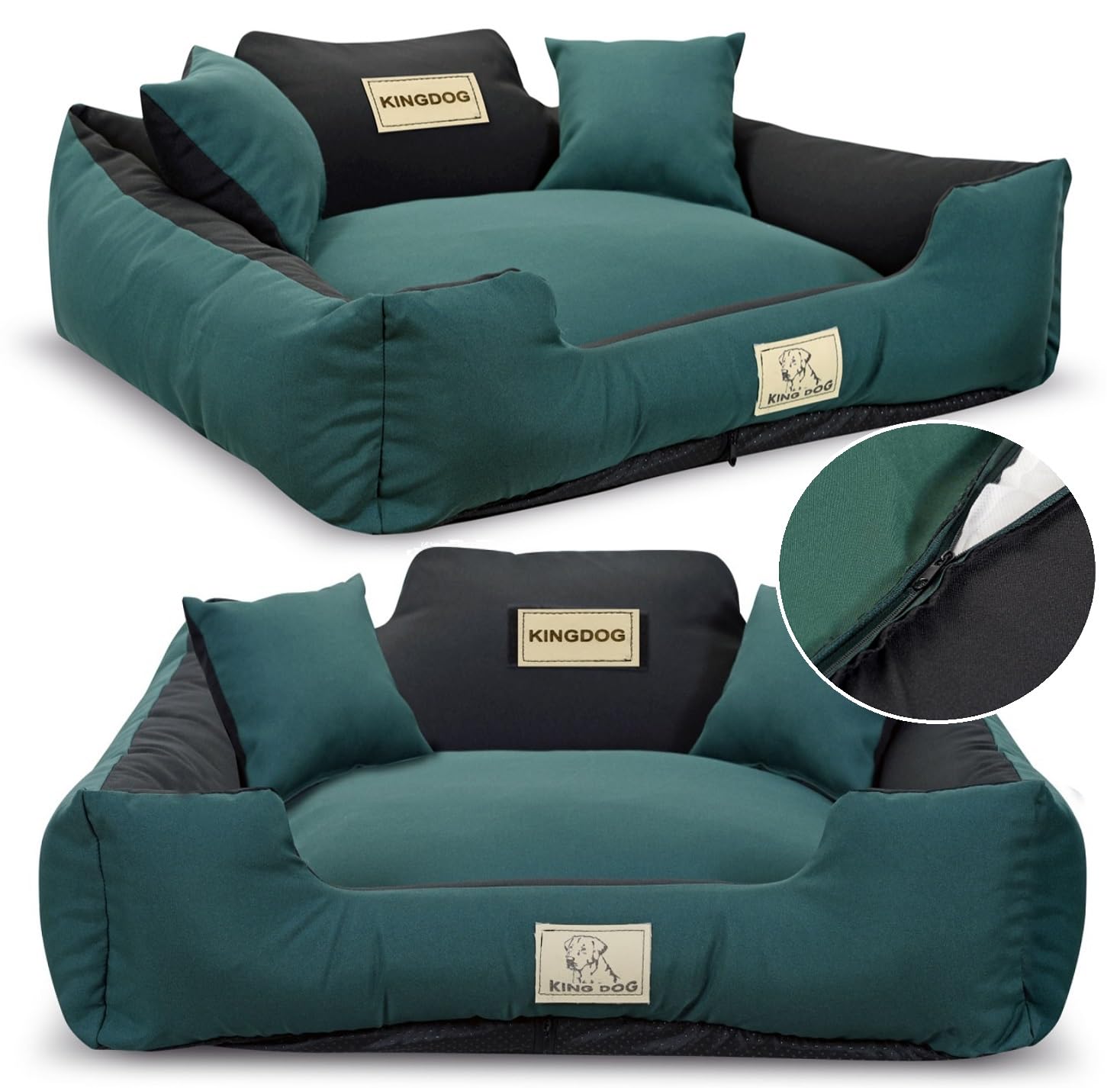 KING DOG Cama para Perros Grandes Lavable L 100 x 75 cm Cojín Extraíble Personalizable con Nombre Parte Inferior Antideslizante Relleno de Silicona Verde