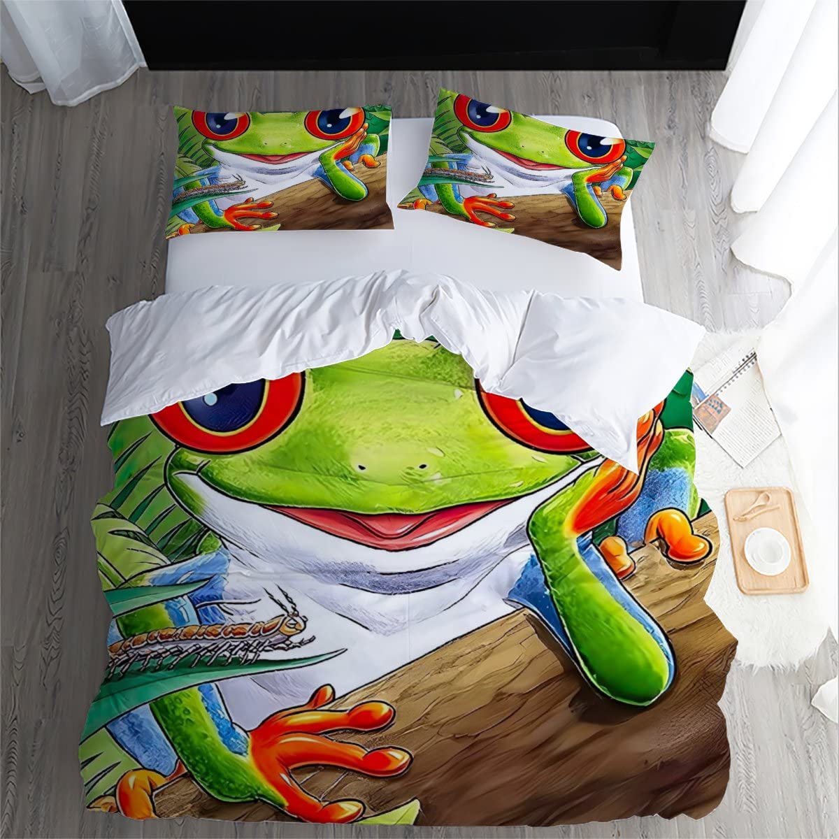 Eenpersoonsdekbedovertrek set groene kikker zacht microvezel beddengoed eenpersoonsbed set met ritssluiting, onderhoudsvriendelijk dekbedovertrek voor jongens meisjes 2 kussenslopen 50x75cm - 135x200 cm