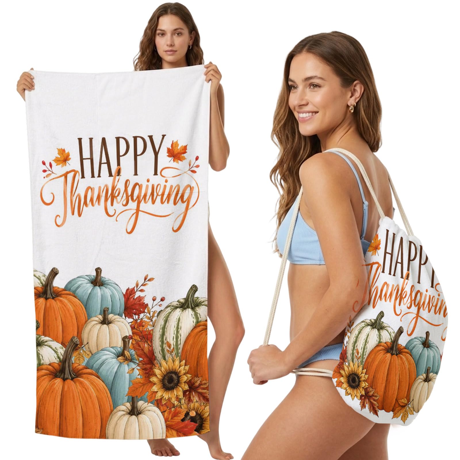 2-in-1 Beach Towel Backpack,Happy Thanksgiving Words Bath Towel with Built-in Storage Farmhouse Pumpkins Sunflowers Convertible Foldable Beach Blanket for Travel Pool Gym Camping Swim,31x63in