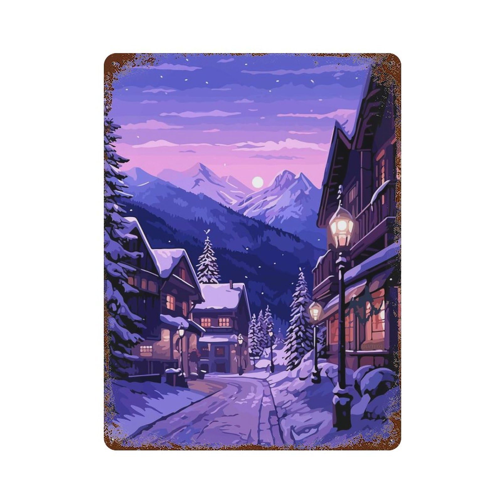 Europe Winter Village Art Vintage Rust Metal Sign 15.7"x11.8", for Basement, Hobby Room And Garage Decor, Farmhouse Wall Decor