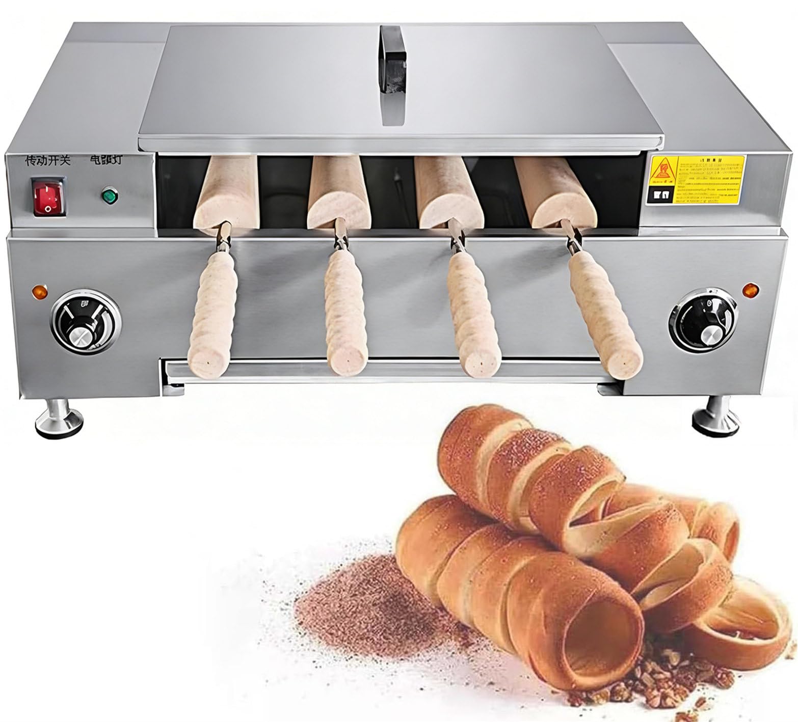 CYMYYDS Commercial Electric Ice Cream Cone Maker, Chimney Cake Machine with 4-Station, 3000W Toaster Machine Chimney Bread Cake Oven for Bakery and Dessert Shops Knob