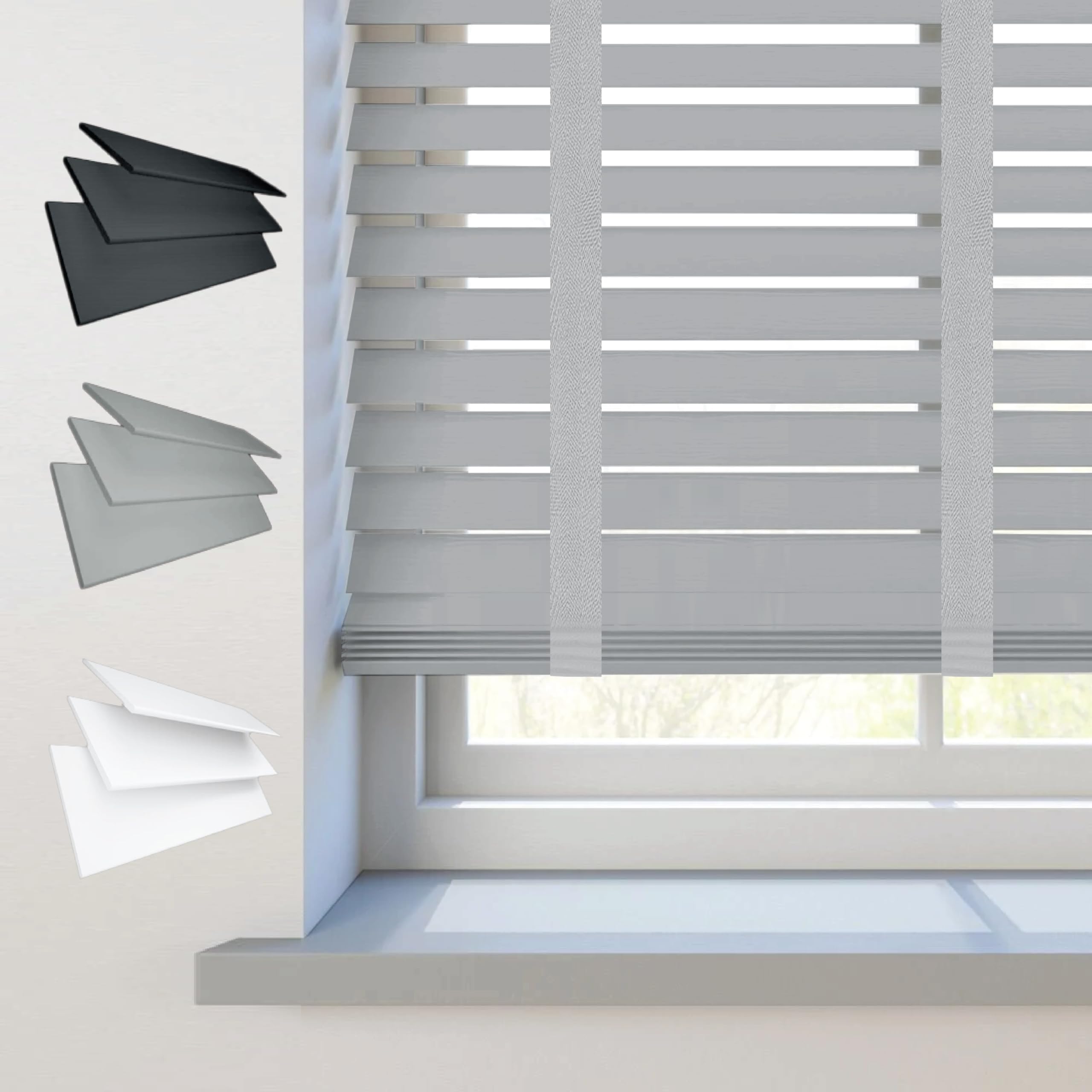 REHAN & CO Faux wood window Venetian Blinds 50mm Slats with String/Tape Blinds Aluminium Headrail Trimmable Child Safe Home Office Window Blind (Grey Tape, 174Wcm x 213Hcm)