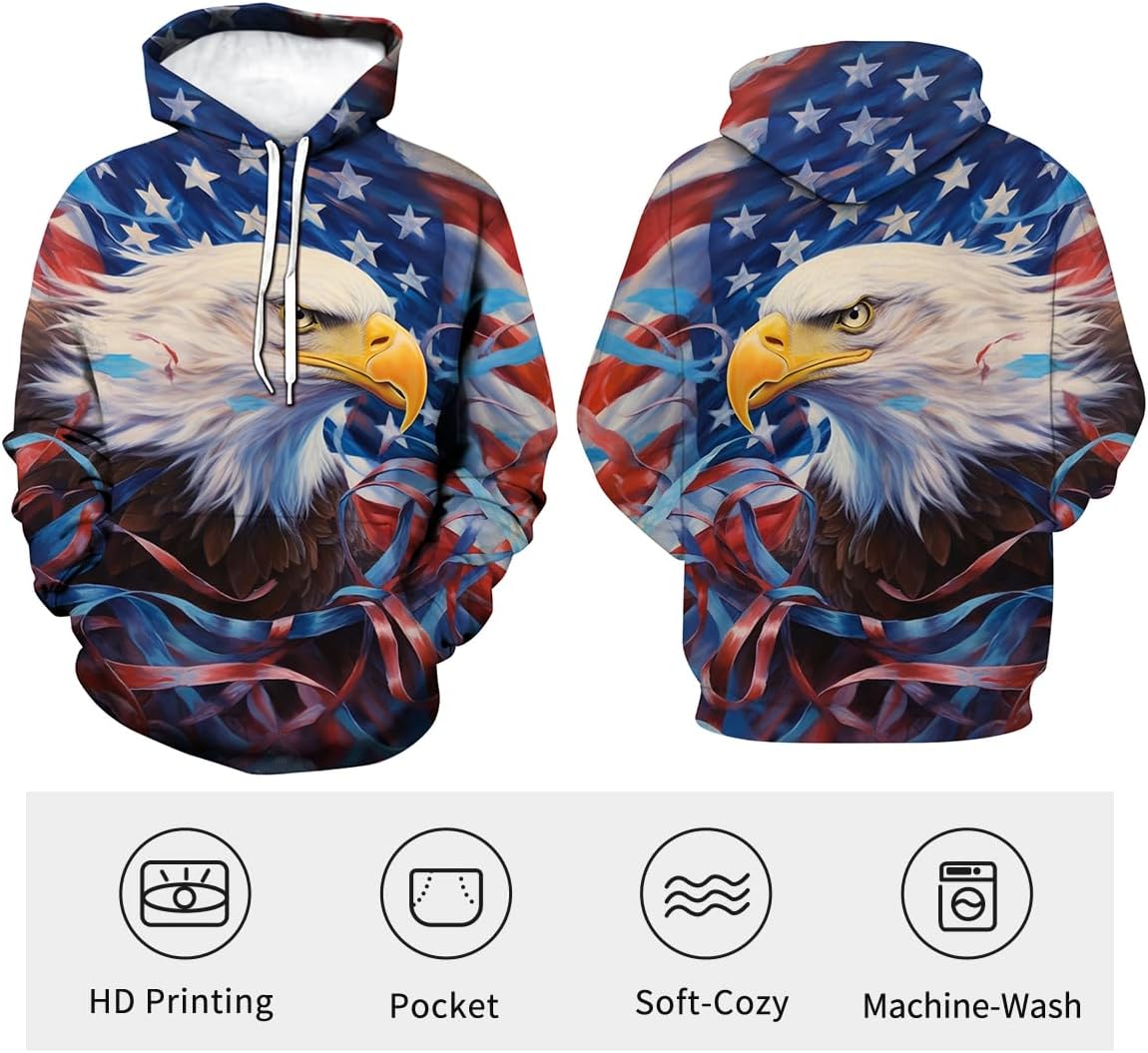 LAOLIUSN Men's 3D Eagle Print Hoodie - Patriotic Theme, Animal Graphic Sweatshirt - Image 3