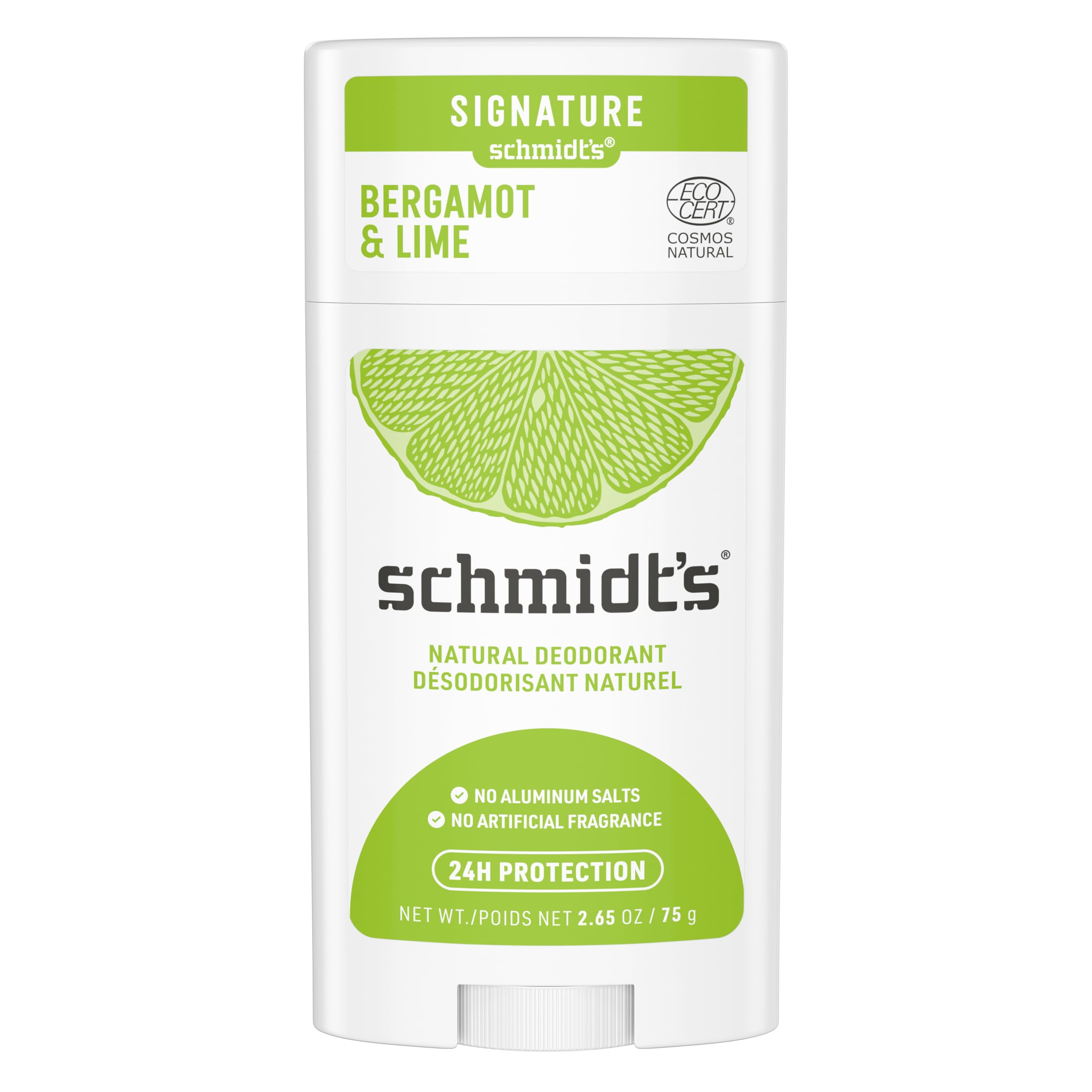 Schmidt's Déodorant Stick Signature Bergamote et Citron Vert, Efficace 24h, 100% Origine Naturelle, Certifié naturel et Vegan, Testé Dermatologiquement, 75g